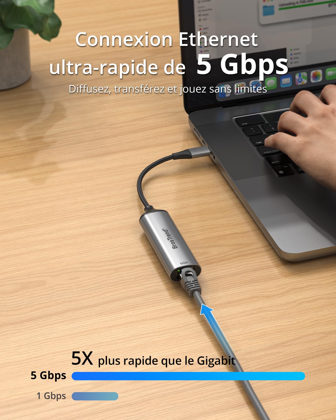 BrosTrend 5Gbps Adaptateur USB C vers Ethernet pour Windows macOS iOS etc. | Plug&Play Adaptateur USB 3.2 vers RJ45 Réseau LAN, Compatible avec PC MacBook Pro/Air iPad (Thunderbolt 5/4/3) Garantie à vie