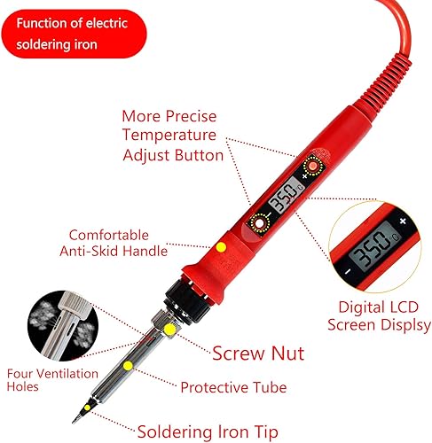 Vista 16 de Kit de soldador, temperatura ajustable de 60 W, multímetro digital, 5 puntas de soldadura, alambre, soporte, bomba de desoldadura, mecha