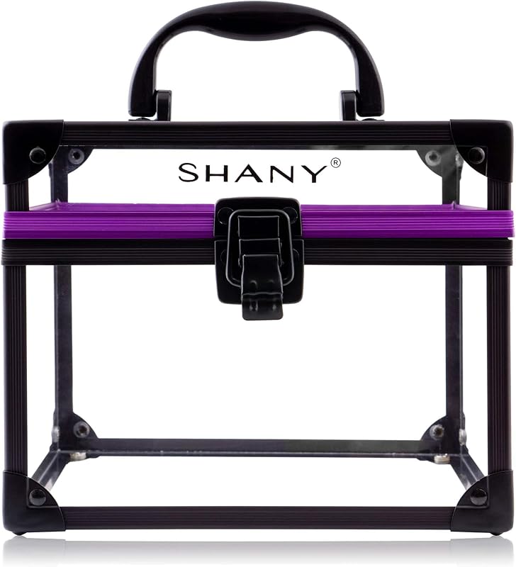 SHANY Maleta transparente para cosméticos e produtos de higiene com fecho de pressão e detalhes preto e roxo – Grande