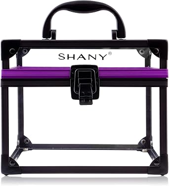 SHANY Clear Cosmetics and Toiletry Train Case - Clear Travel Makeup Bag Case Organizer with Secure Closure and Black/Purple Accents - Large
