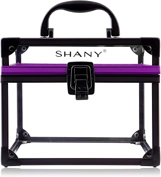 SHANY Clear Cosmetics and Toiletry Train Case - Clear Travel Makeup Bag Case Organizer with Secure Closure and Black/Purple Accents - Large