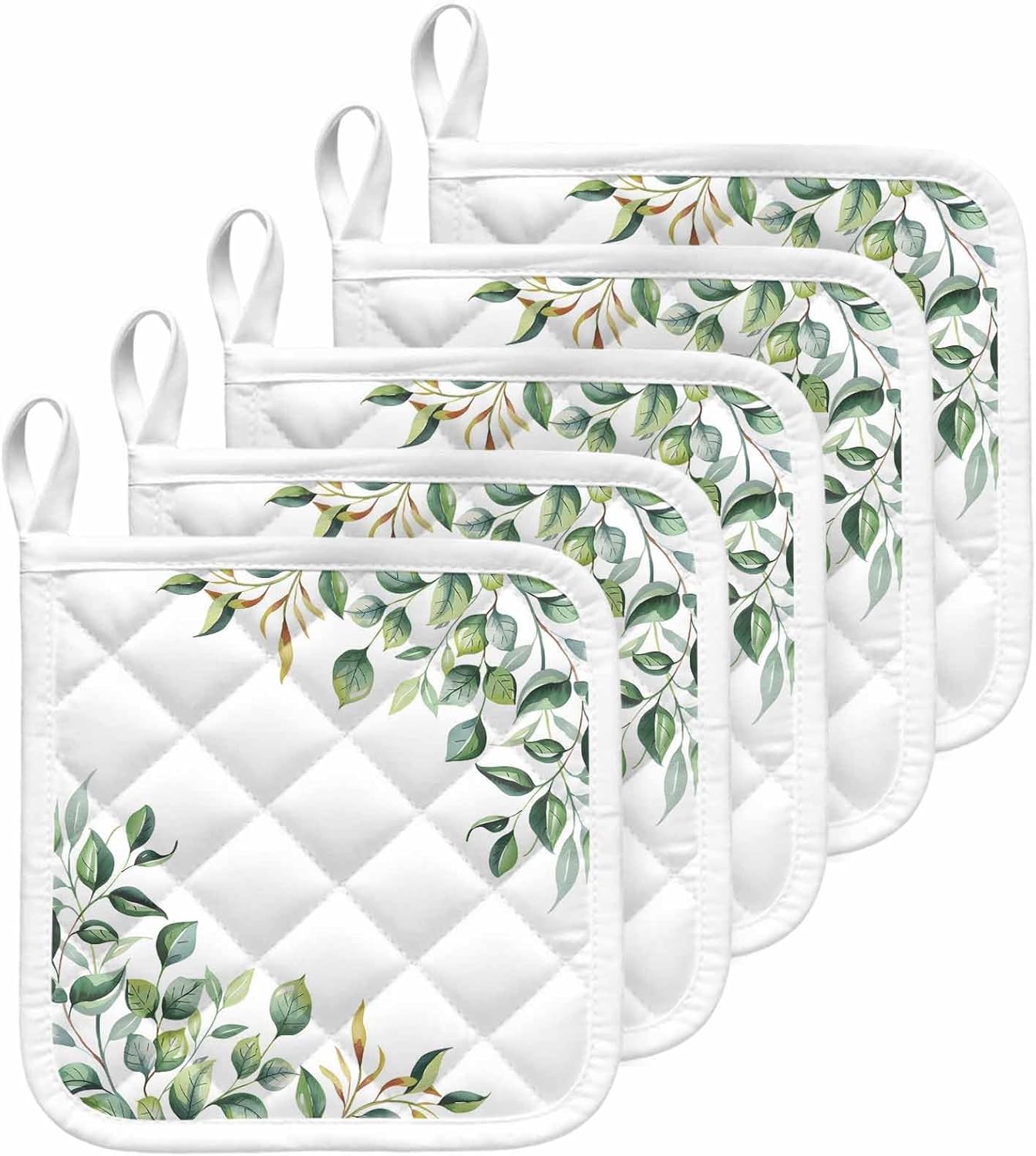 5 Pack Pot Holders for Kitchen, Eucalyptus Hot Pads for Kitchen Countertops Oven Pot Holder Bulk, Country Branch Leaf Watercolor Sage Green Heat Insulation Potholders with Hanging Loops