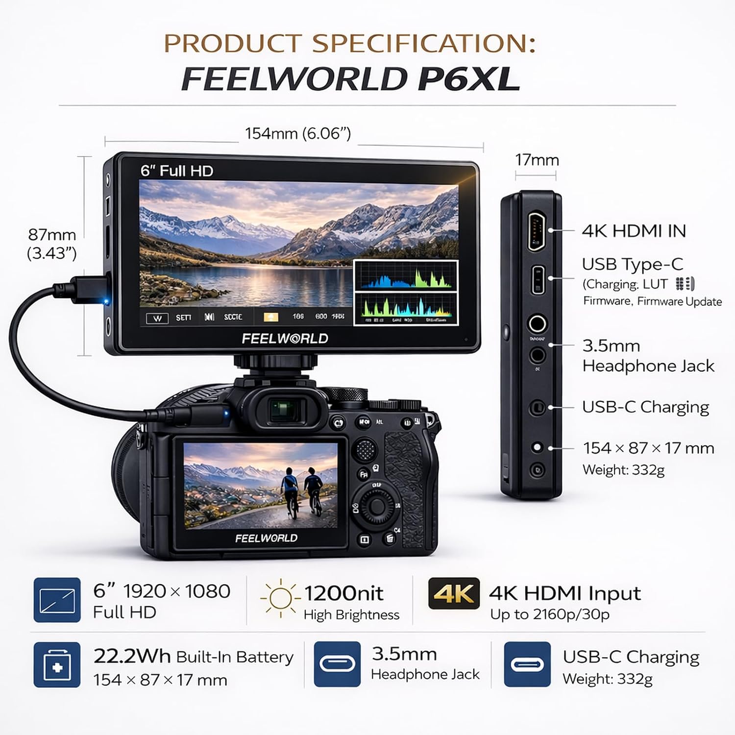 FEELWORLD P6XL 6 Inch Aluminium Built-in Battery DSLR Camera Field Monitor