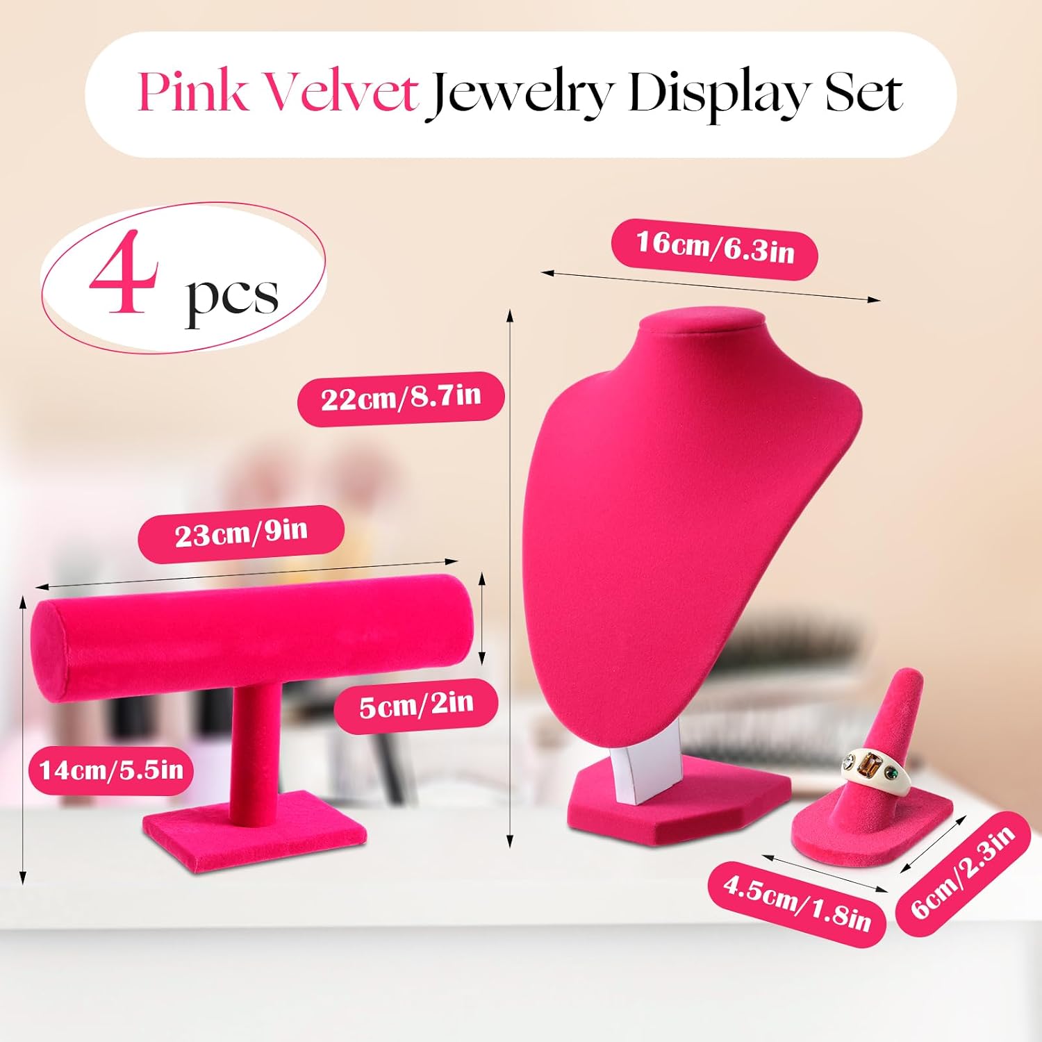 Wenqik 4 Pcs Velvet Jewelry Display Set Velvet Necklace Bust Holder Bracelet Organizer 2 Ring Finger Jewelry Holder