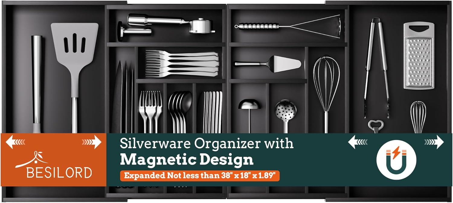 Silverware Organizer Large, Magnetic Connected Expandable 13 Slots Silverware Drawer Organizer