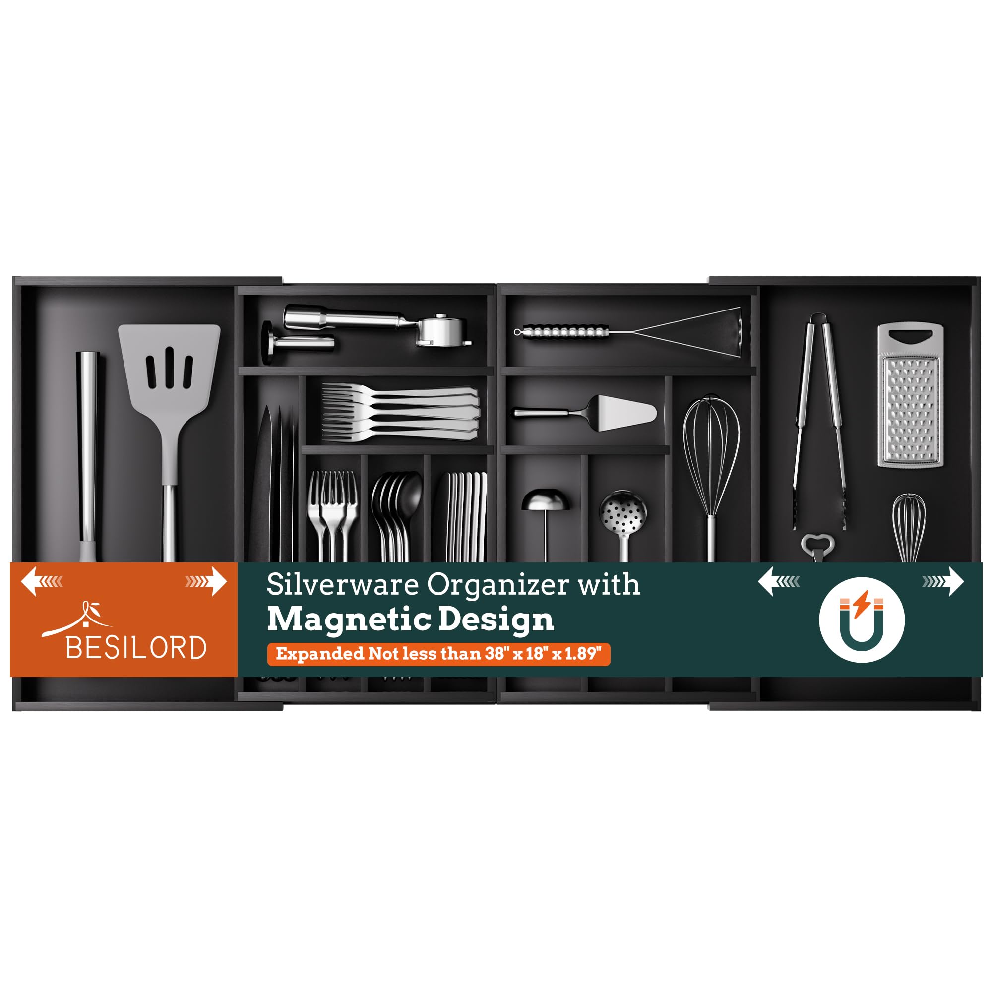 Silverware Organizer Large, Magnetic Connected Expandable 13 Slots Silverware Drawer Organizer From 21 to 37.4 Inches, Bamboo Utensil Tray for Kitchen Black