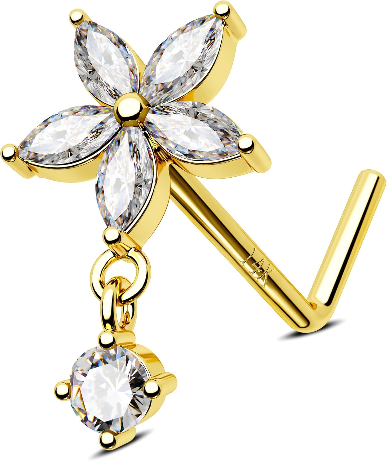 Jewseen 14K Gold Nose Ring Flower Nose Stud L Shaped 20G Nose Rings Nose Piercing Jewelry Nose Screw Nostril Piercing Nostril Ring with CZ Gold Nose Bone Dangle Nose Ring for Women Men