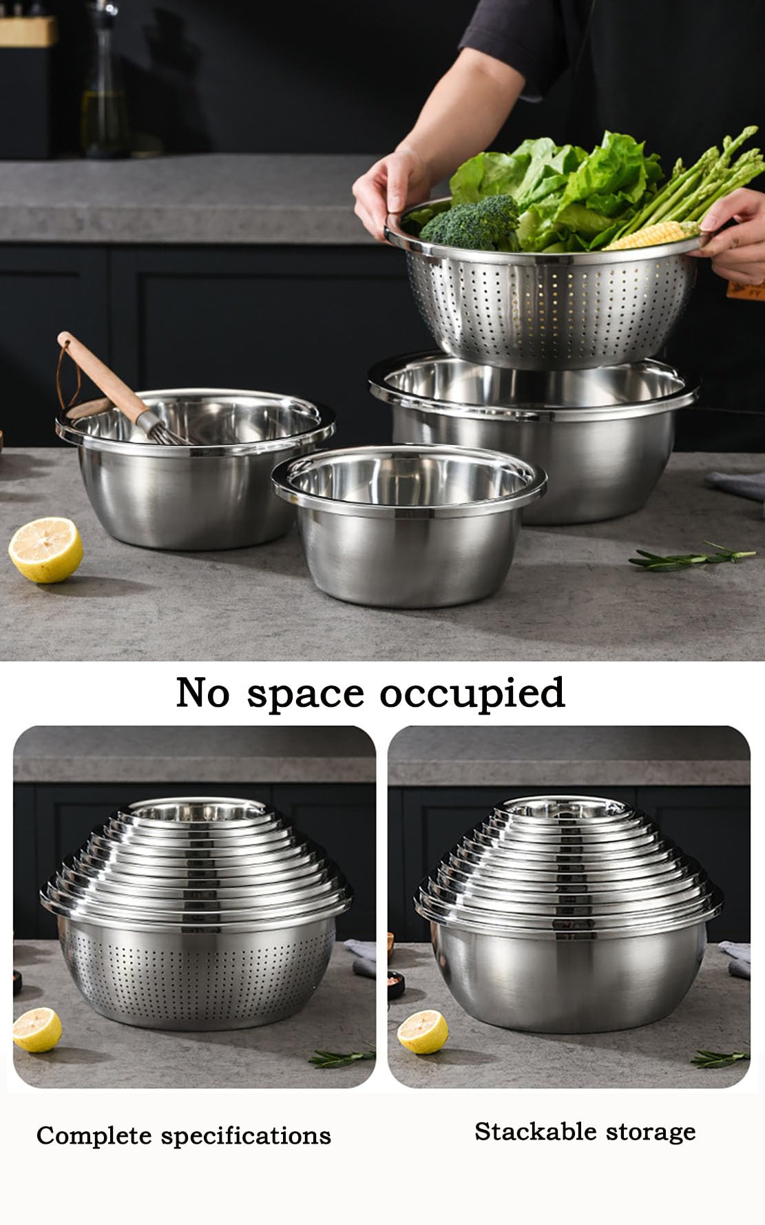 Edelstahl Küchensieb Schüssel Set 2-teilig, stapelbare Küchenschüsseln mit Abflusssystem, 20CM-40CM Durchmesser, stapelbar und rostfrei zum Waschen von Reis, Salat, Obst, Gemüse (40CM)