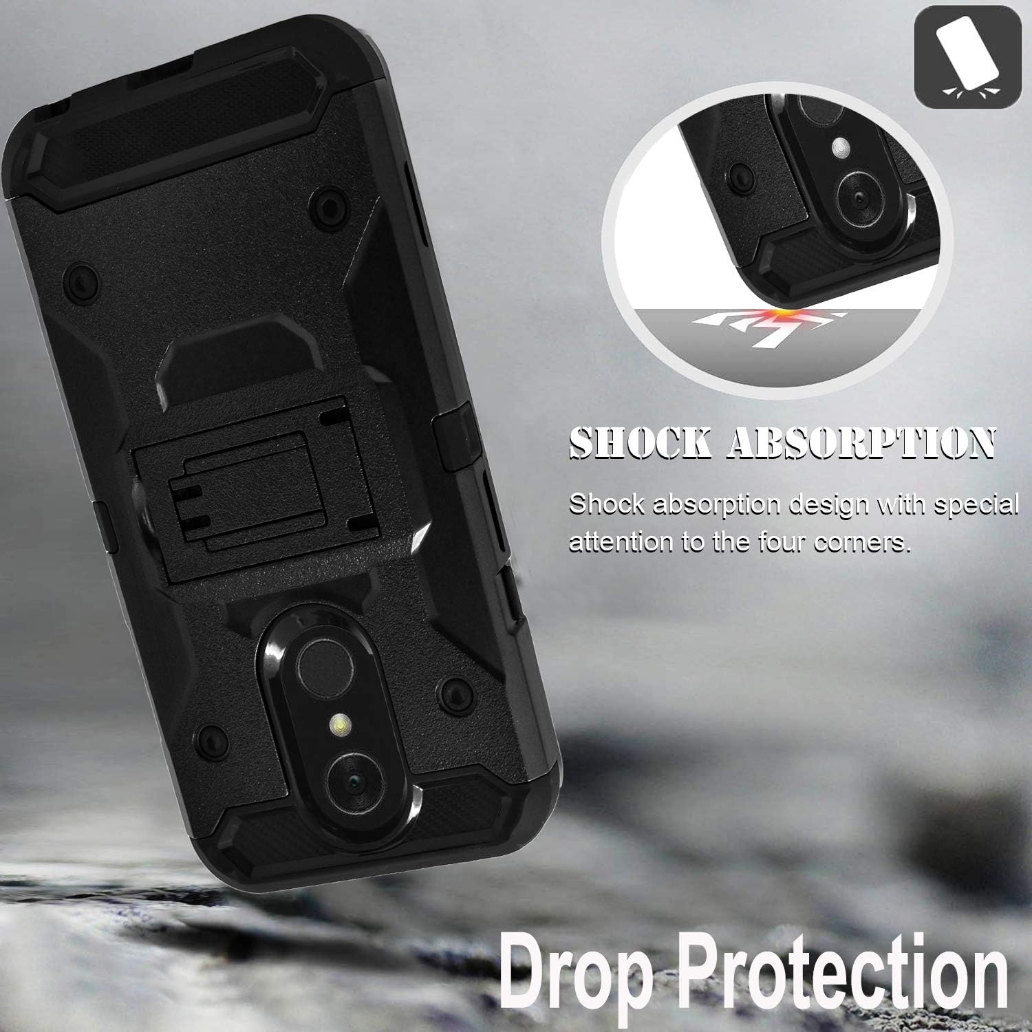 STARSHOP Compatible For -LG Stylo 4 Phone Case, [Not Fit Stylo 5] with [Tempered Glass Screen Protector] Heavy Duty 12 Feet Drop Protection Kickstand Phone Cover and Locking Belt Clip- Black