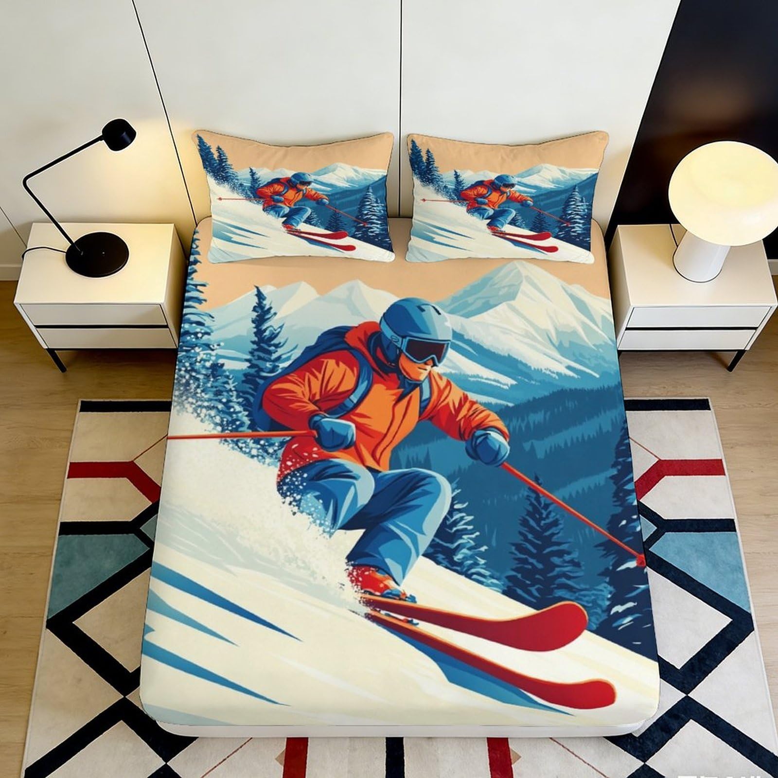 3D Printed Ski Mountain Fitted Sheet Microfiber Soft Breathable Snow Forest Bed Cover for Bedroom Dorm Decor 90x200x25cm
