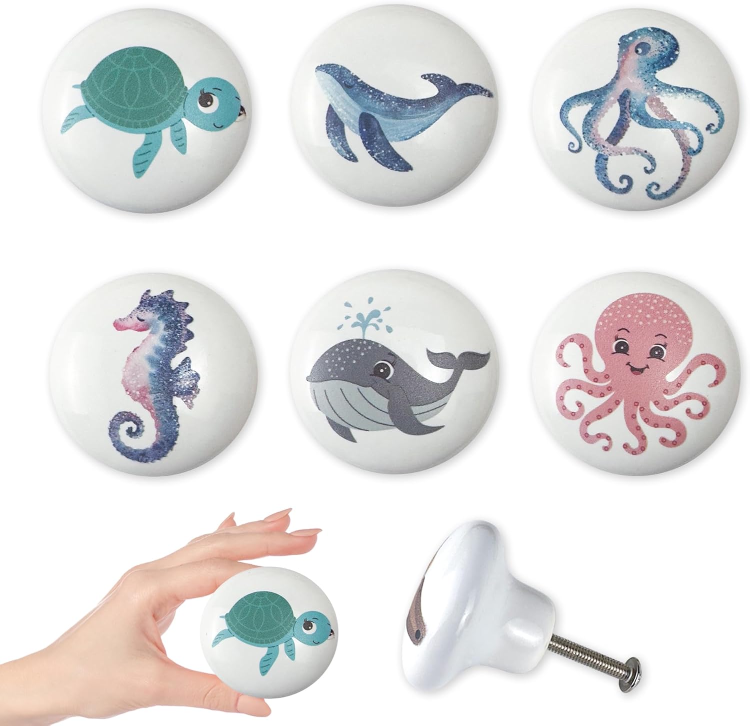 Set of 6 Ceramic Coastal Beach Starfish Themed Cabinet Dresser Knobs and Drawer Pulls Octopus Door Handle 1.5 X 1.5 Inches