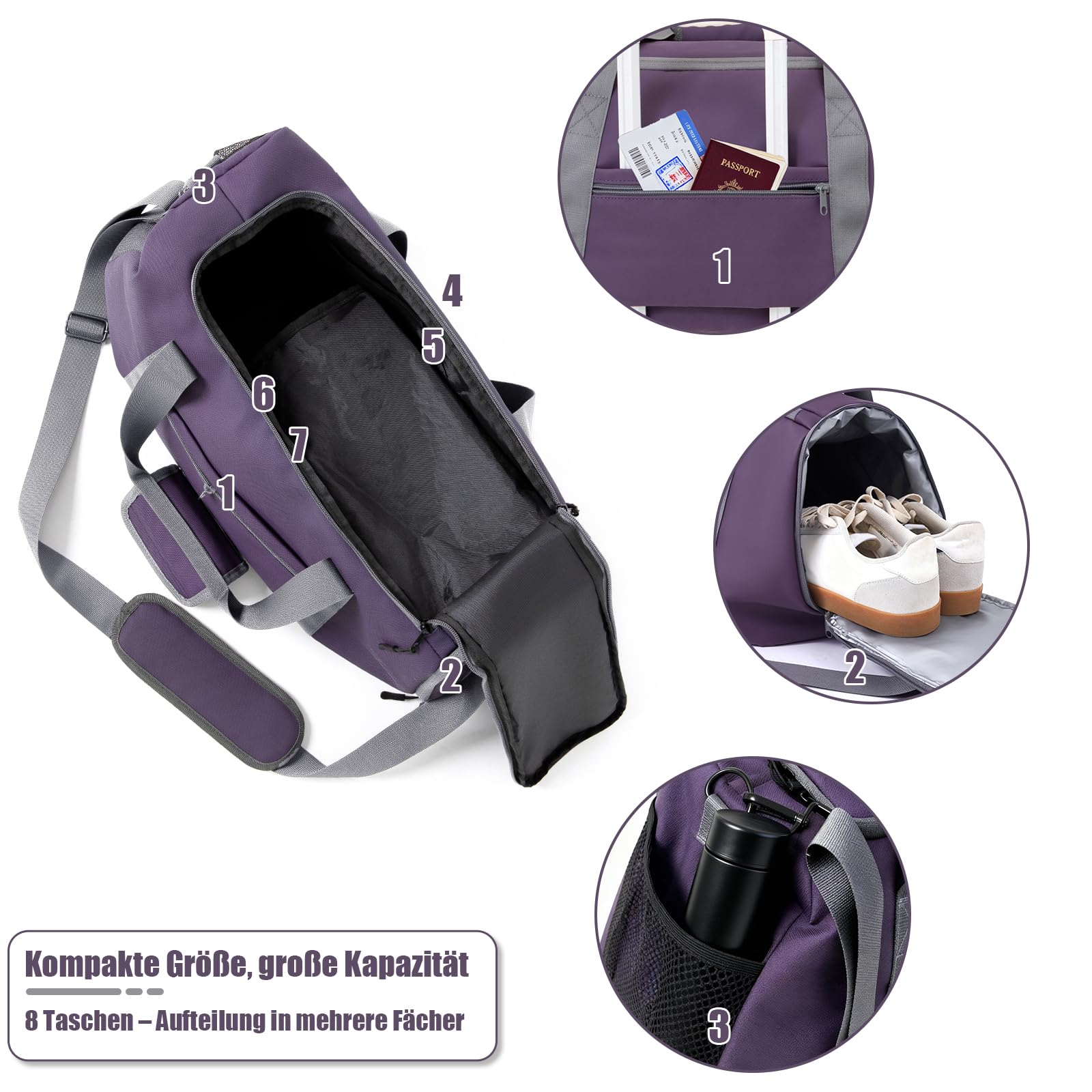 Zedelmaier Sporttasche Damen Herren Reisetasche Wasserabweisend Sporttasche mit Schuhfach Leichte Gym Bag Reisetasche Handgepäck 30L, Lila