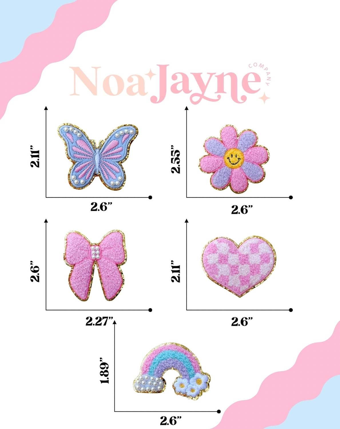 Noa Jayne Co. Chenille & Embroidered Iron-On Patches with Pearls – Rainbow, Butterfly, Bow, Checkered Heart & Smile Flower – Cute Aesthetic Appliqué for Jackets, Backpacks, Jeans & DIY Crafts