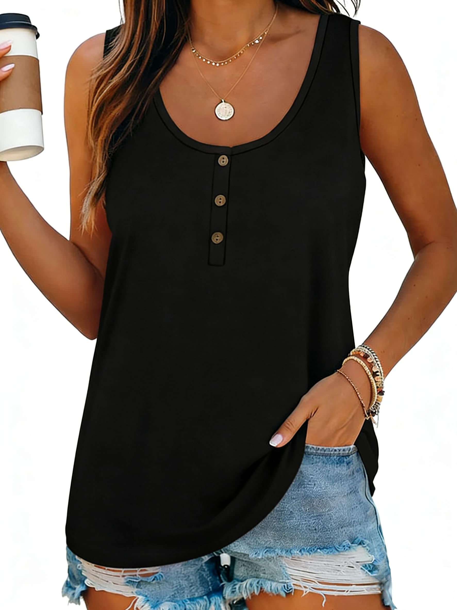 Kapoohott Damen Tops Sommer Ärmellos Tank Tops Elegant Oberteile Freizeit Lose Einfarbig Tunika Shirts mit Tasten