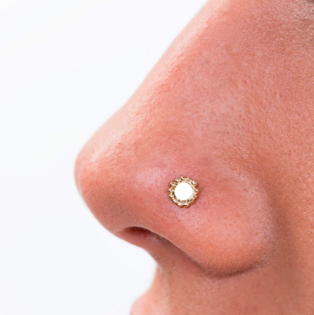 Gold Nose Stud, Indian Nose Screw Piercing, 14K Solid Gold Sun Nose Ring Stud, Fits Nostril, Tragus, Helix, Cartilage Earring, Handmade Jewelry