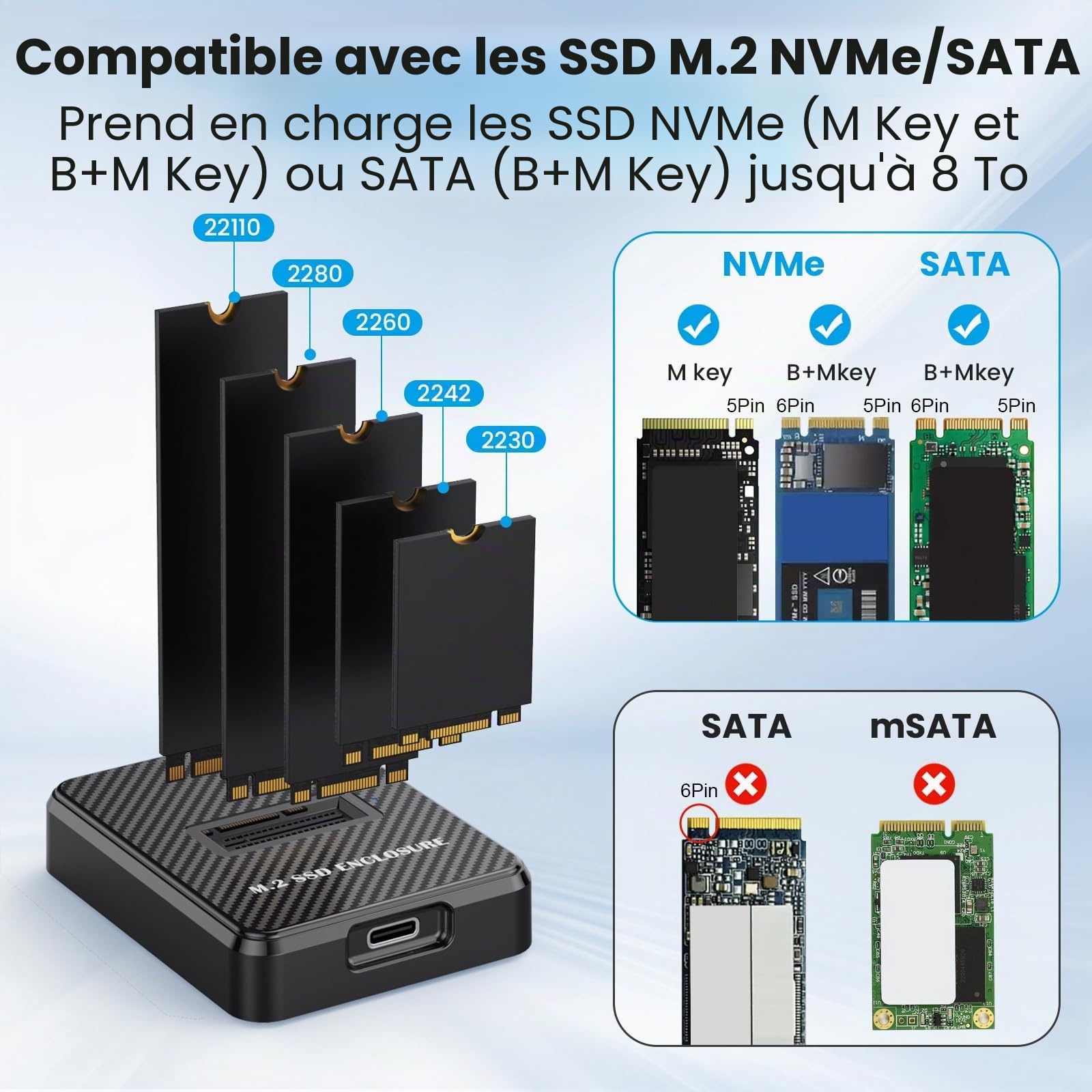Station d'accueil SSD M.2 NVMe & SATA USB 3.1 Gen2, adaptateur USB NVMe 10 Gbps pour clé M/B+M, station d'accueil NVMe et adaptateur SATA, station d'accueil USB NVMe haute vitesse pour SSD 2230/2242