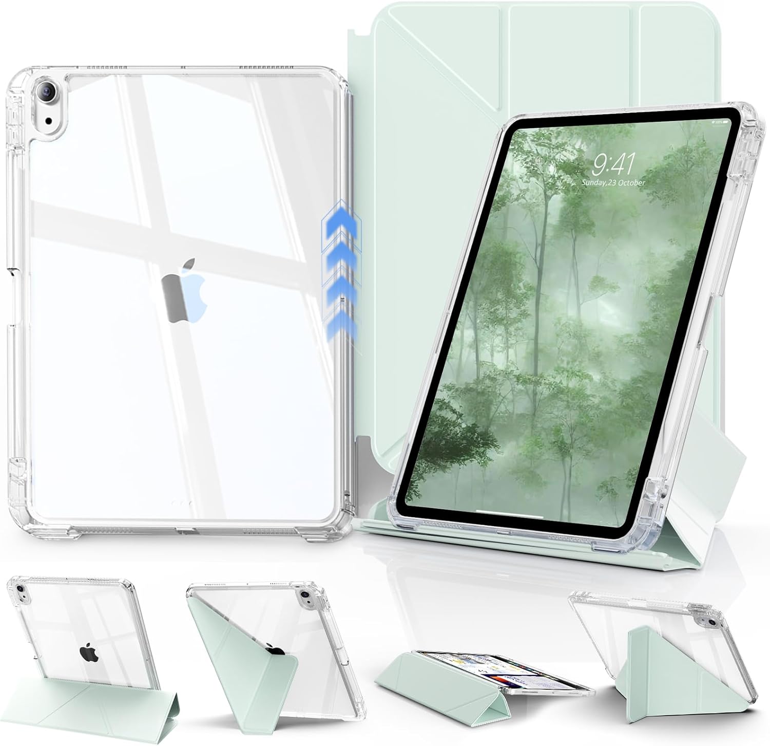 JKSML Case for iPad (A16) 11th/10th Gen with 8+ Viewing Angles, DIY Detachable Sliding Cover, Fully Clear Hard Back Shell, Solid Y-fold Stand, Pencil Holder for iPad 10.9" (2022)/ 11" (2025)-Green-1