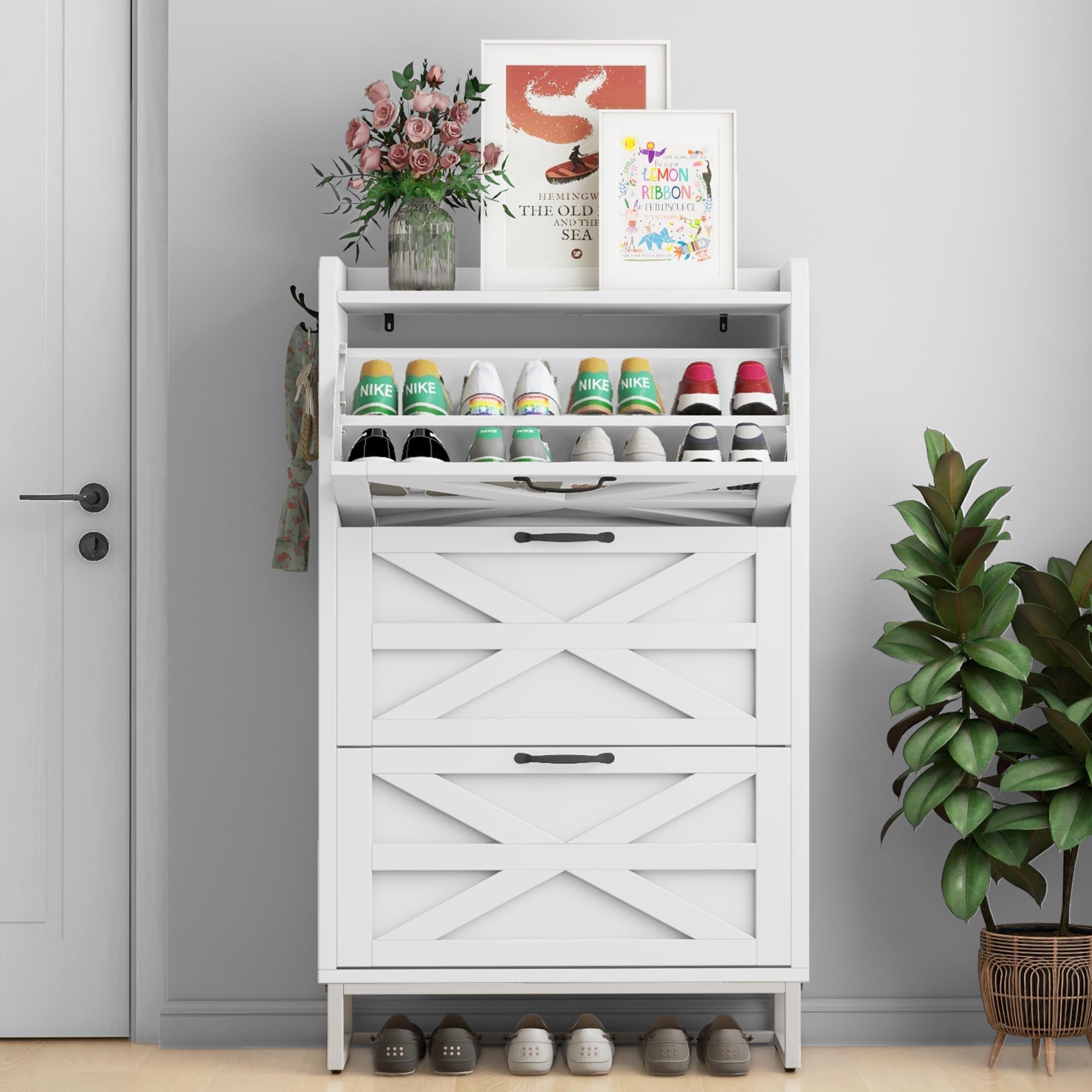 Amazon.com: DWVO Farmhouse Shoe Storage Cabinet with 3 Flip Drawers ...