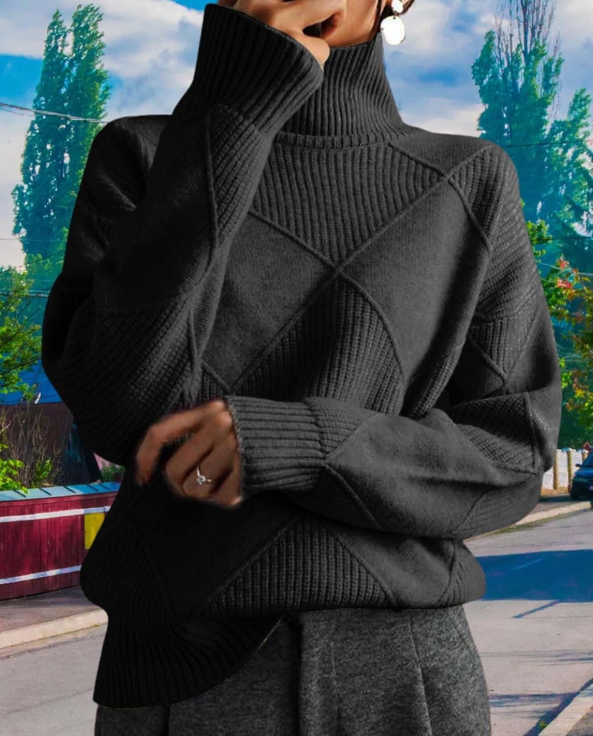 Womens Oversized High Neck Pullover Sweater Casual Fashion Long Sleeve Solid Color Crew Knit Sweater - Image 5