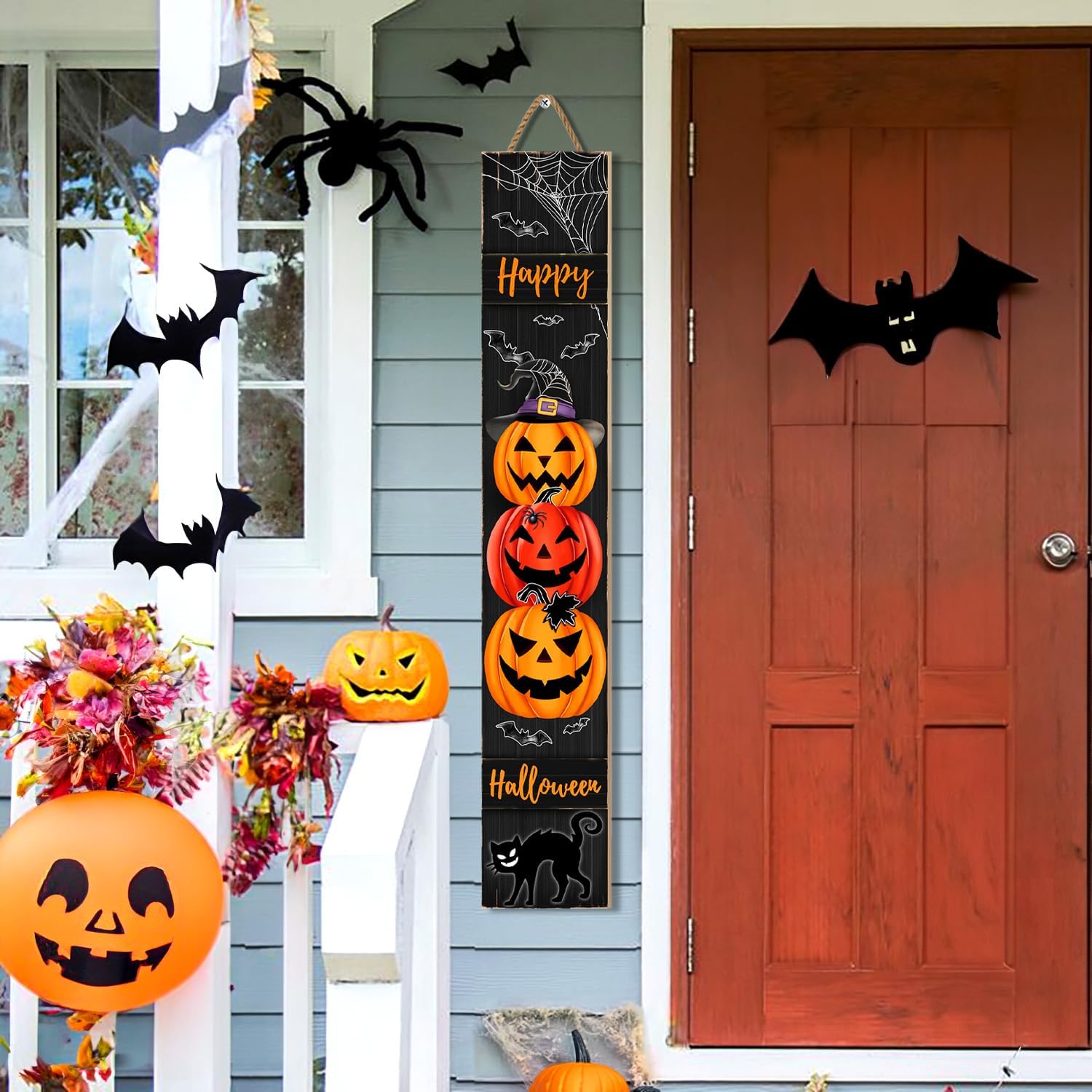 Halloween Porch Sign, Happy Halloween Sign for Front Porch, Scary Pumpkin Wooden Sign Yard, Vertical Wood Sign Standing for Patio Front Door Porch, Black Cat Witch Hat Decor for Holiday Home Party Wall Yard Indoor Outdoor Decoration, 47x8 inch
