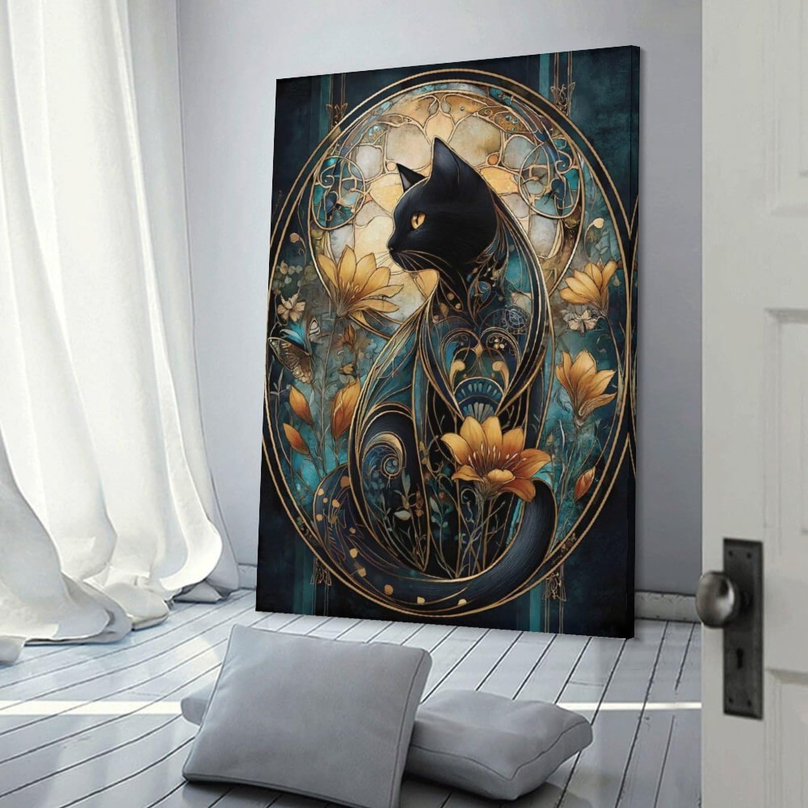 Junmoney Elegant Black Cat Art Nouveau Home Decor Wall Art 24x36inch(60x90cm), for Office, Study Or Home Workspace, Home Office Artwork with Decorative Appeal