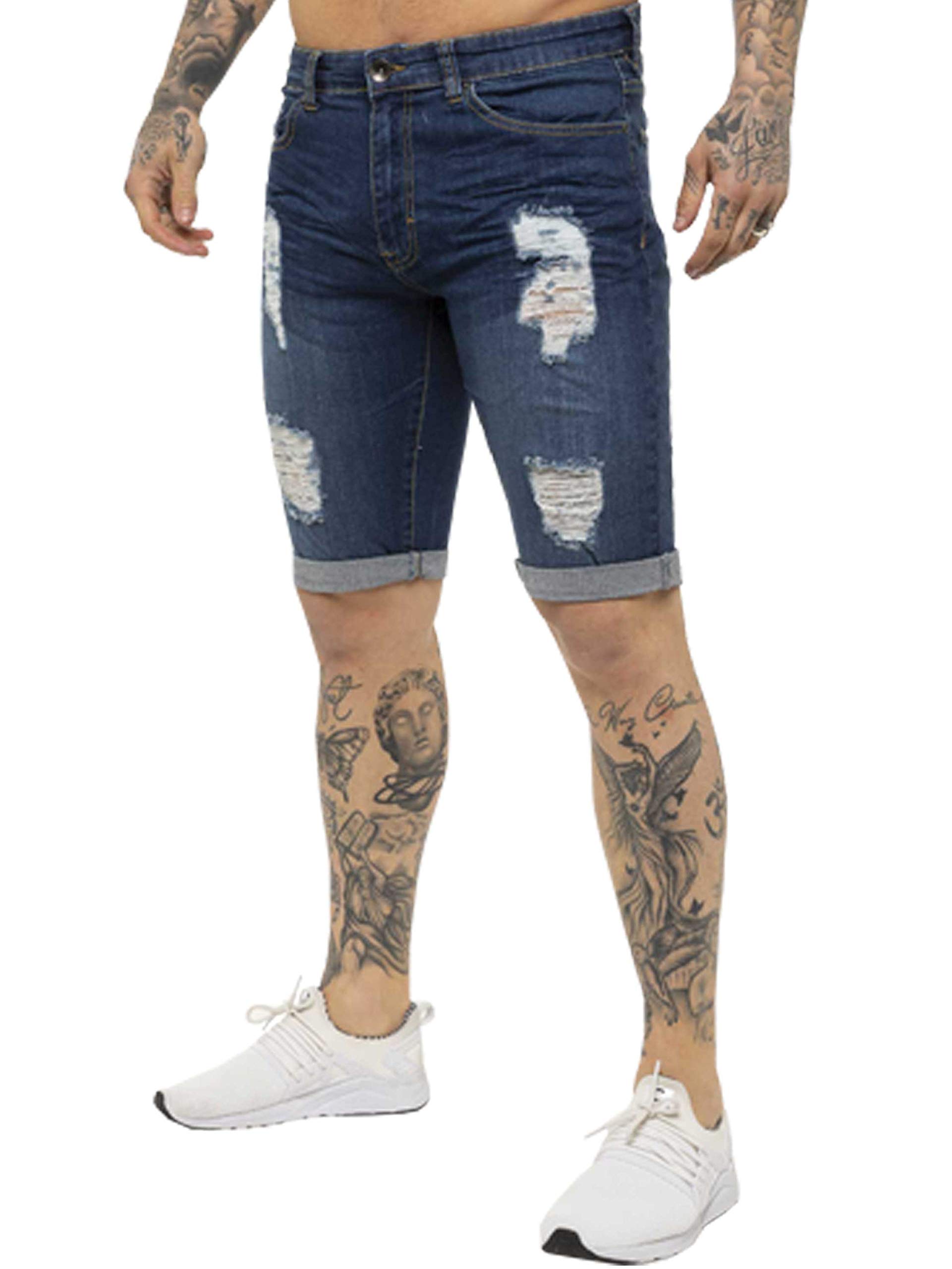 Enzo Men's Blue Ezs383 Jeans Denim Shorts Skinny Fit Distressed Stonewash Ripped Half Pants Mid 42