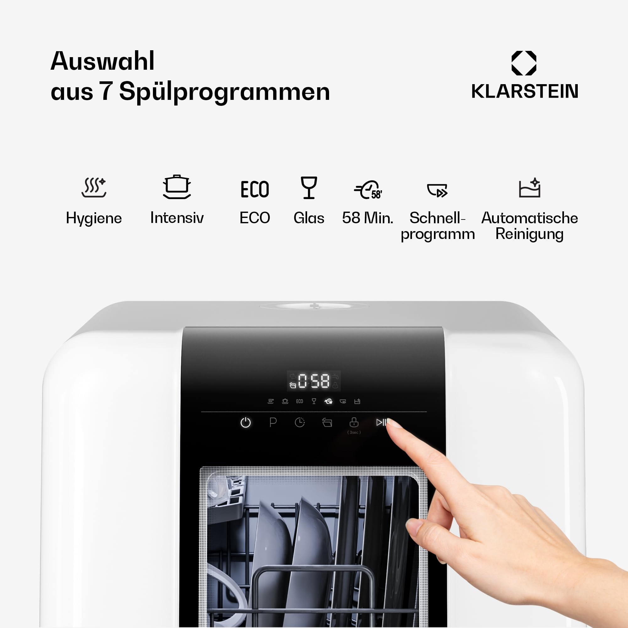 Klarstein Melville Tischgeschirrspüler – Kompakte Spülmaschine für 3 Gedecke, 7 Programme, 6 L Wasserverbrauch, AquaStop, tragbares Design