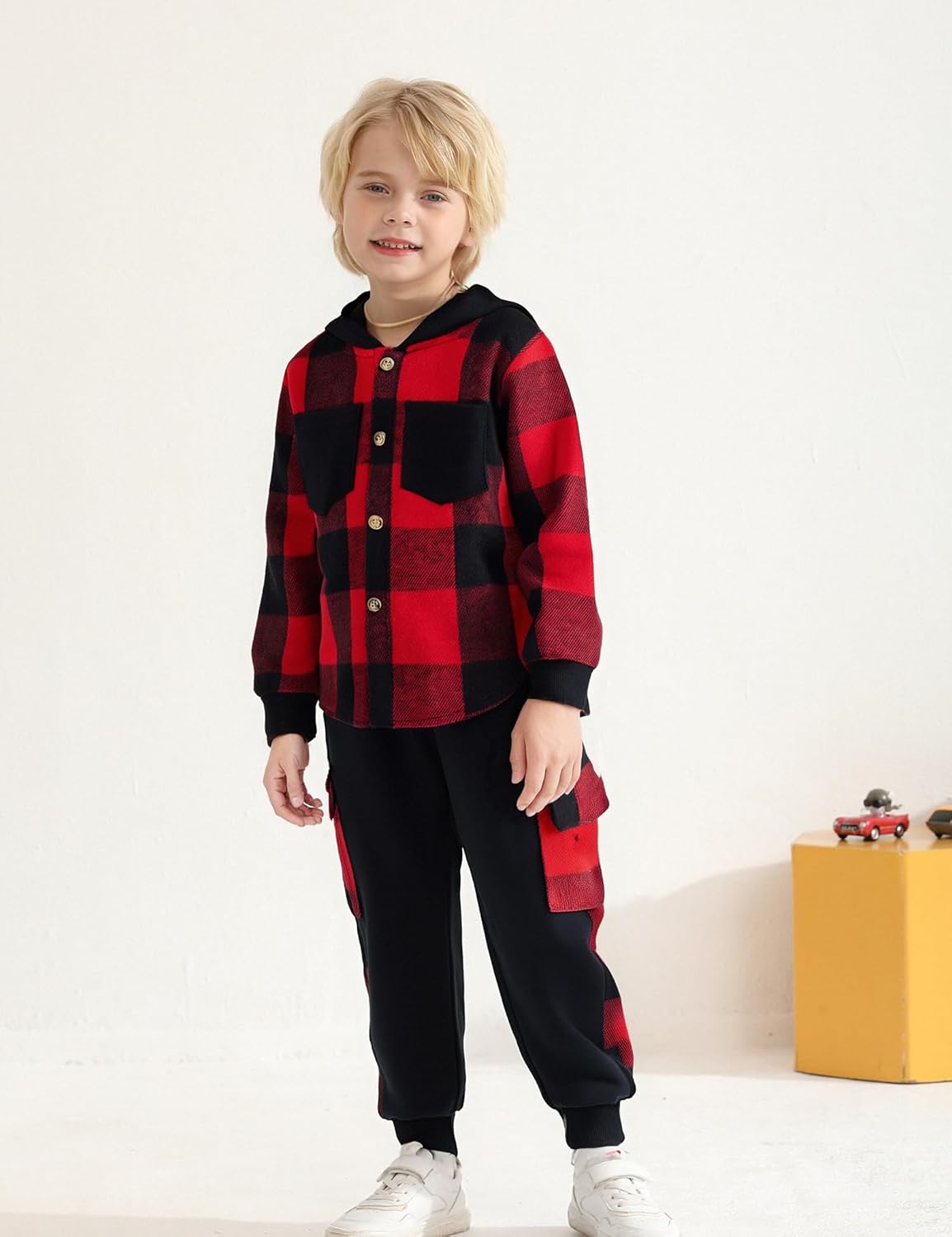 Boy Clothes Flannel Plaid Shirt Tops Pants Set Hoodie Sweatsuit+White T-shirt 3Pcs for Fall Winter Spring Outfits