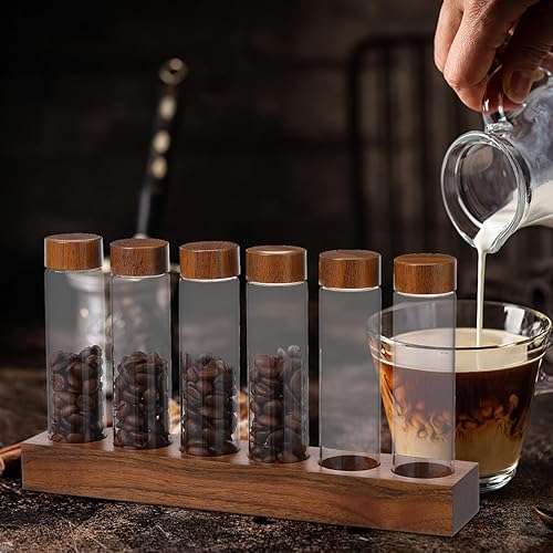 Miniatura 7 de Hemoton Juego de tubos de ensayo de vidrio con tapones de plástico y estante de madera, contenedor de grano de café de vidrio, mini botellas para