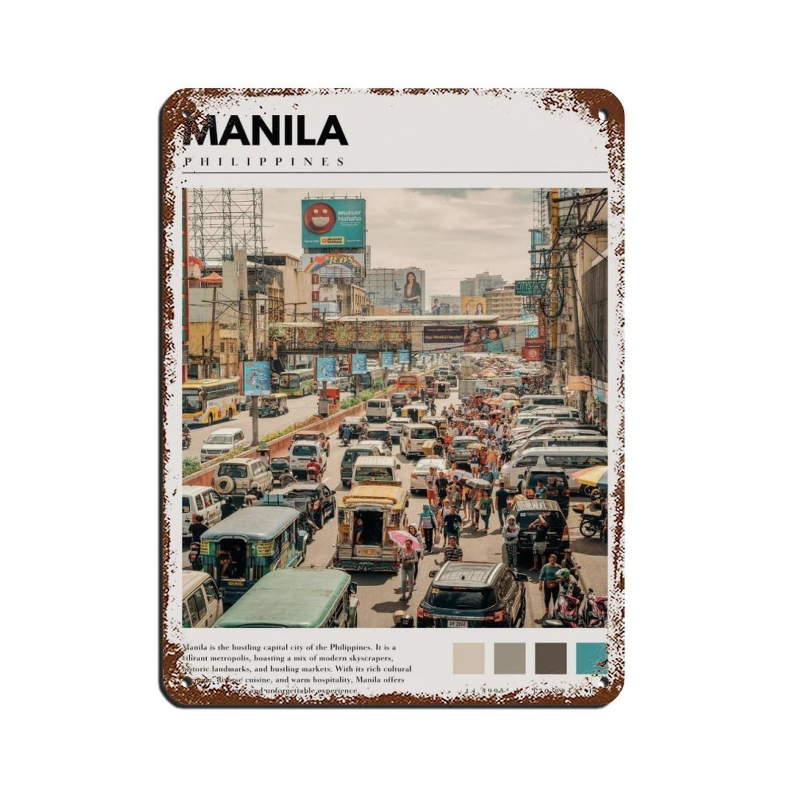 Manila Philippines Poster Manila Art Tin Sign Vintage Metal Pub Club Cafe Bar Home Wall Art Decoration Poster Retro 12x16inch(30x40cm)