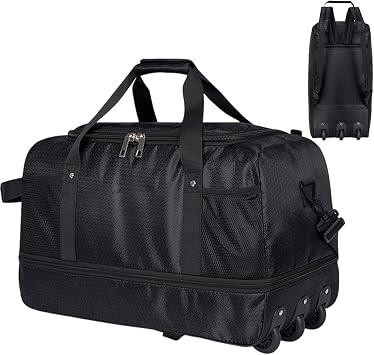 60L Lightweight Wheeled Duffle Holdall Bag Expandable Rolling Travel Luggage Bag with Wheels Waterproof Large Underseat Cabin Overnight Bags Foldable Hand Luggage for Men Women Black