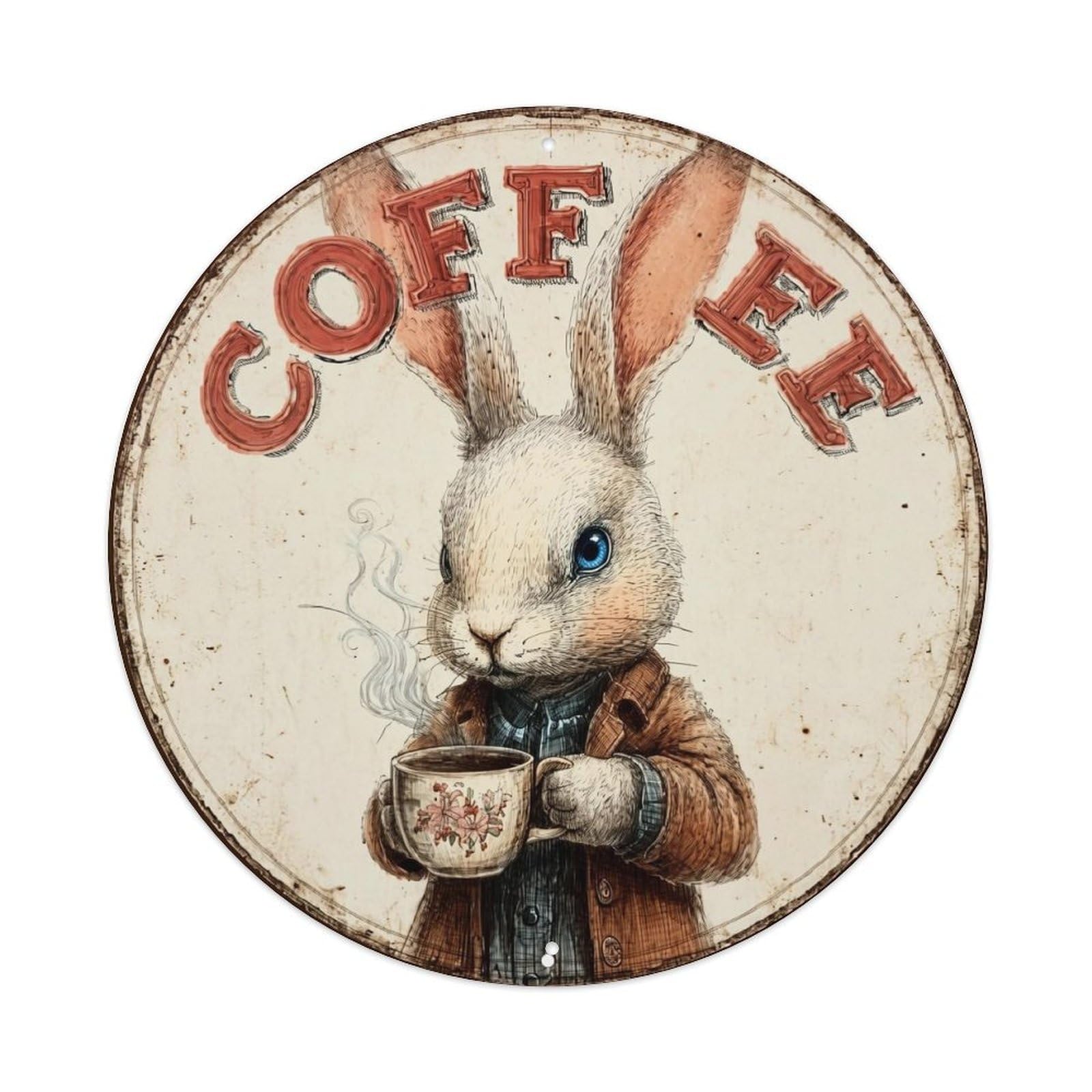 Rabbit Holding A Coffee Cup Round Metal Tin Sign Vintage Wall Decor, Bar Garage Cafe Kitchen Home Wall Art Poster 8x8inches