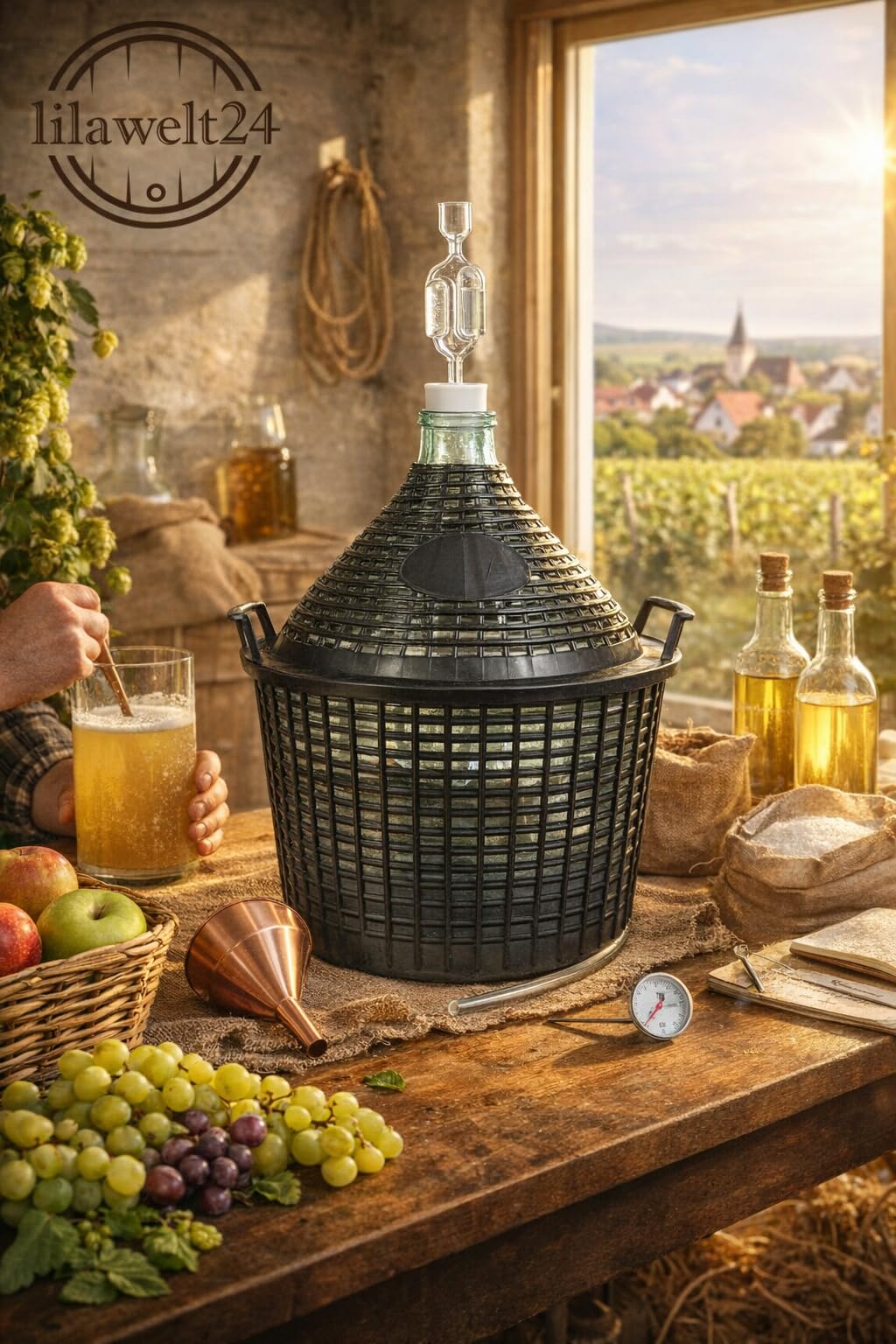 lilawelt24 20 L Glasgärballon+Gärröhrchen+Gummistopfen Weinballon mit Korb Glasballon Gärbehälter Glasflasche, Weinherstellung,Flasche Fermentation,Meische Wein Machen Gären (20L MIT ZUBEHÖR)