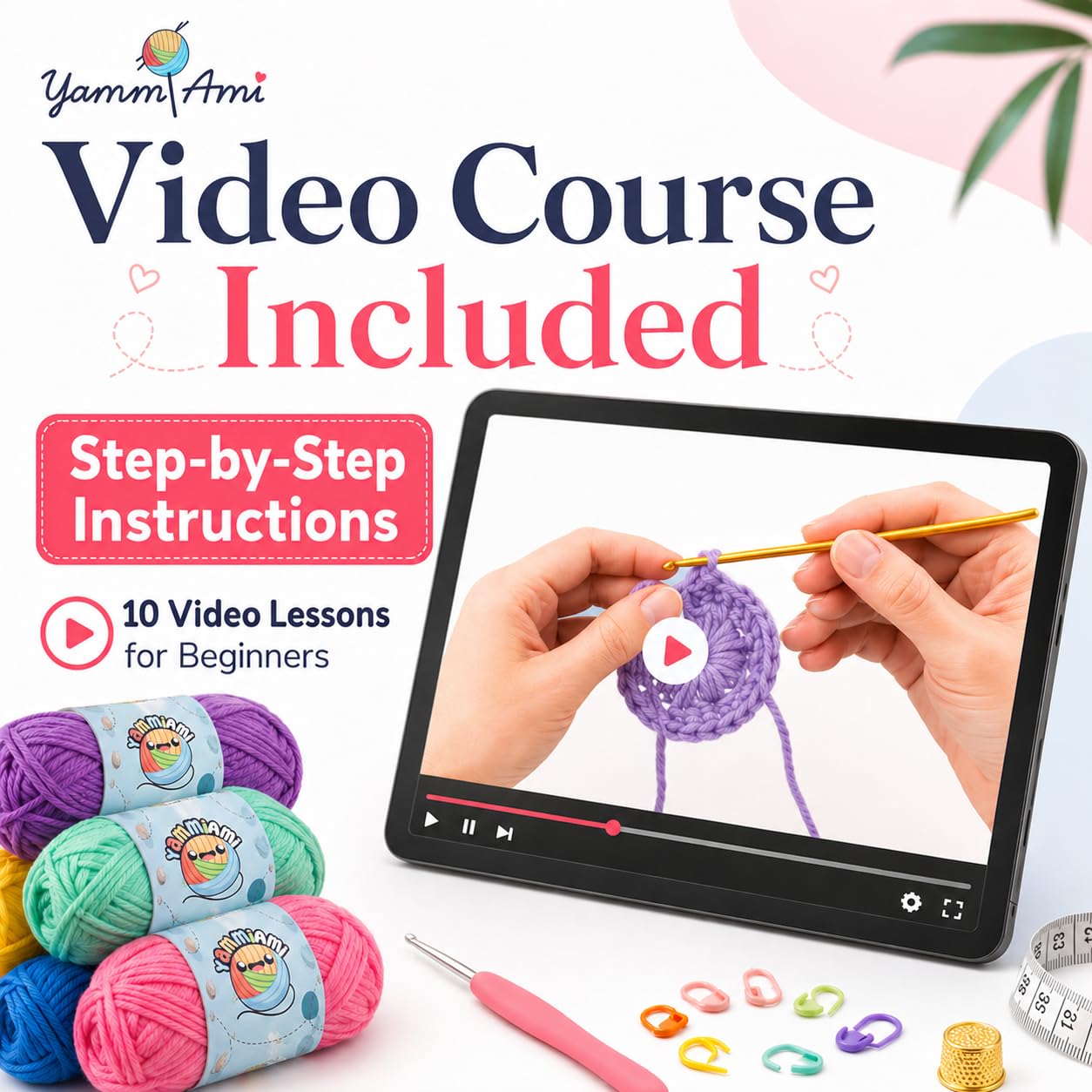 YammiAmi 1800 Yards Anfänger Häkelset für Erwachsene, 103-teiliges Starterset mit 50 Knäueln Garn, Zubehör und 10 Amigurumi E-Book-Muster mit Video-Tutorials
