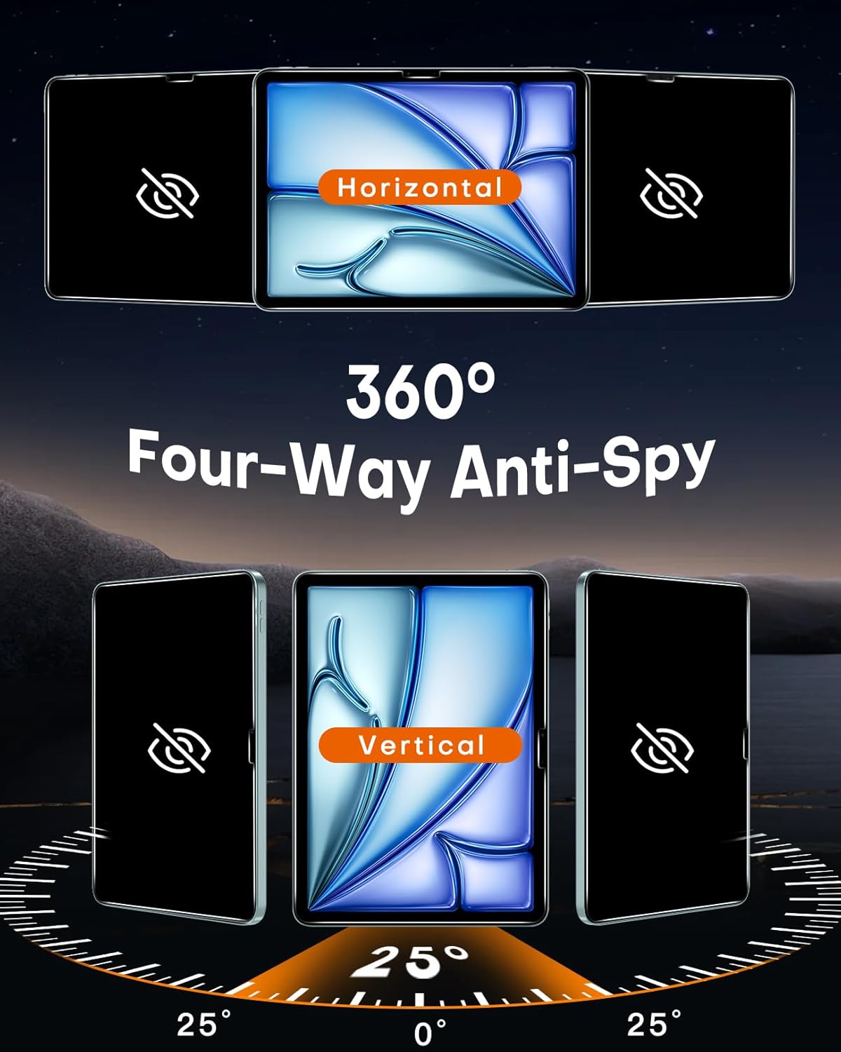 2 Pack 360° Privacy Screen Protector for iPad Air 11 Inch M4/M3/M2 (8th/7th/6th Generation, 2026/2025/2024), Military-Grade 4 Way Anti-Spy Tempered Glass with Auto Application Tray, Anti Scratch