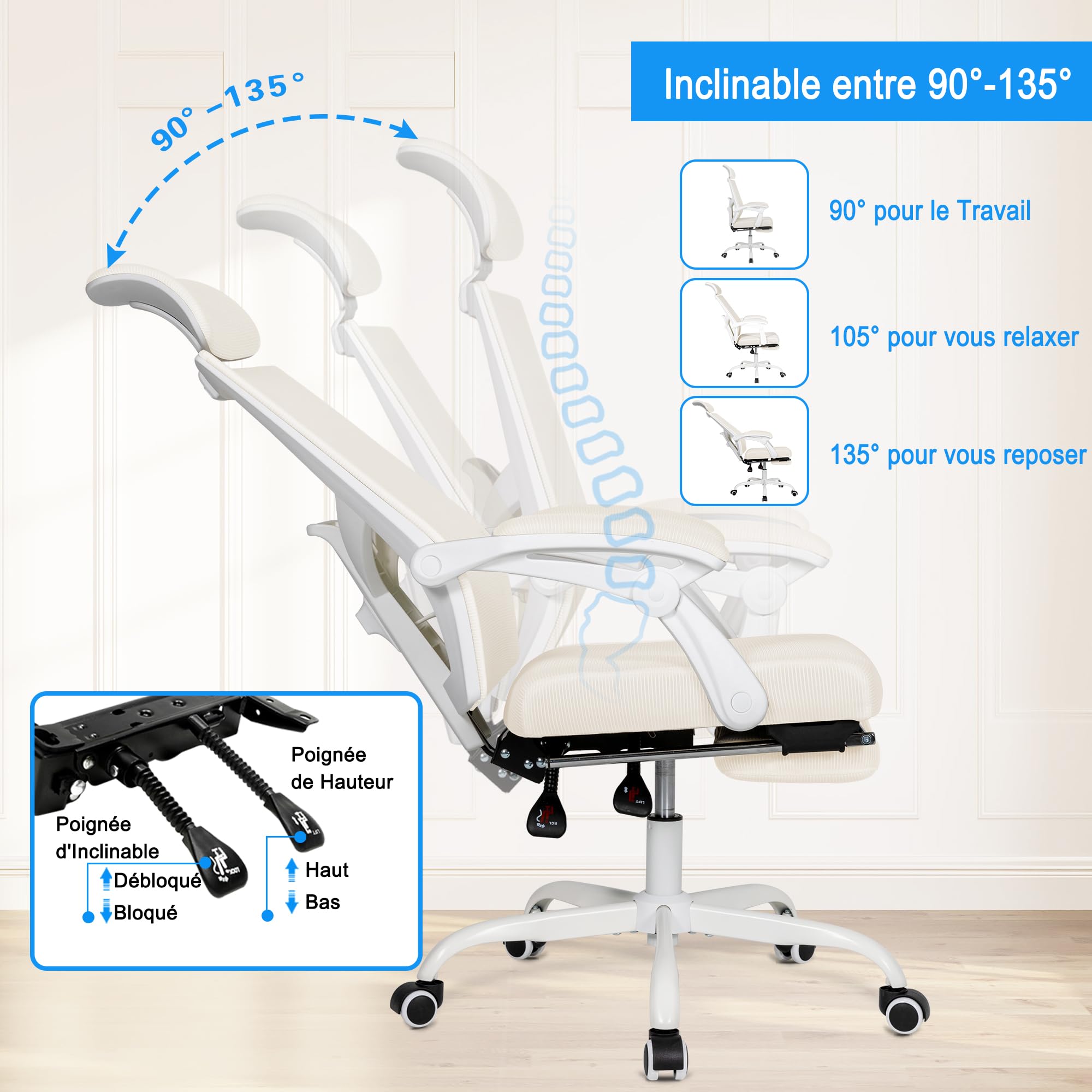 UEV Chaise Bureau Ergonomique, en Maille Respirant, Capacité 136kg, Beige