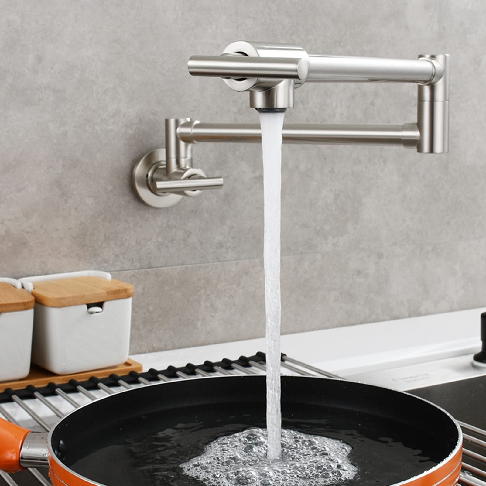 Robinets d'évier de cuisine et robinet de remplissage de pot brossé mural double articulation