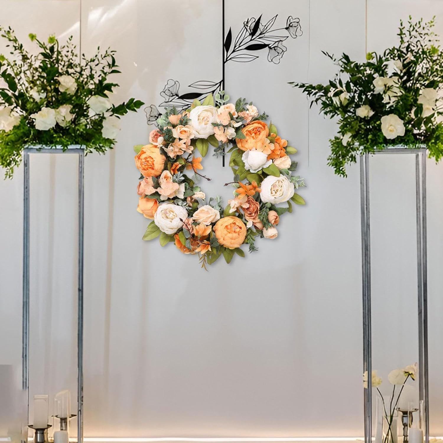 Artificial Peony Wreath Sturdy for Front Outdoor Party Gifts Flower Arrangement for Bedrooms Porches Living Rooms, Champagne