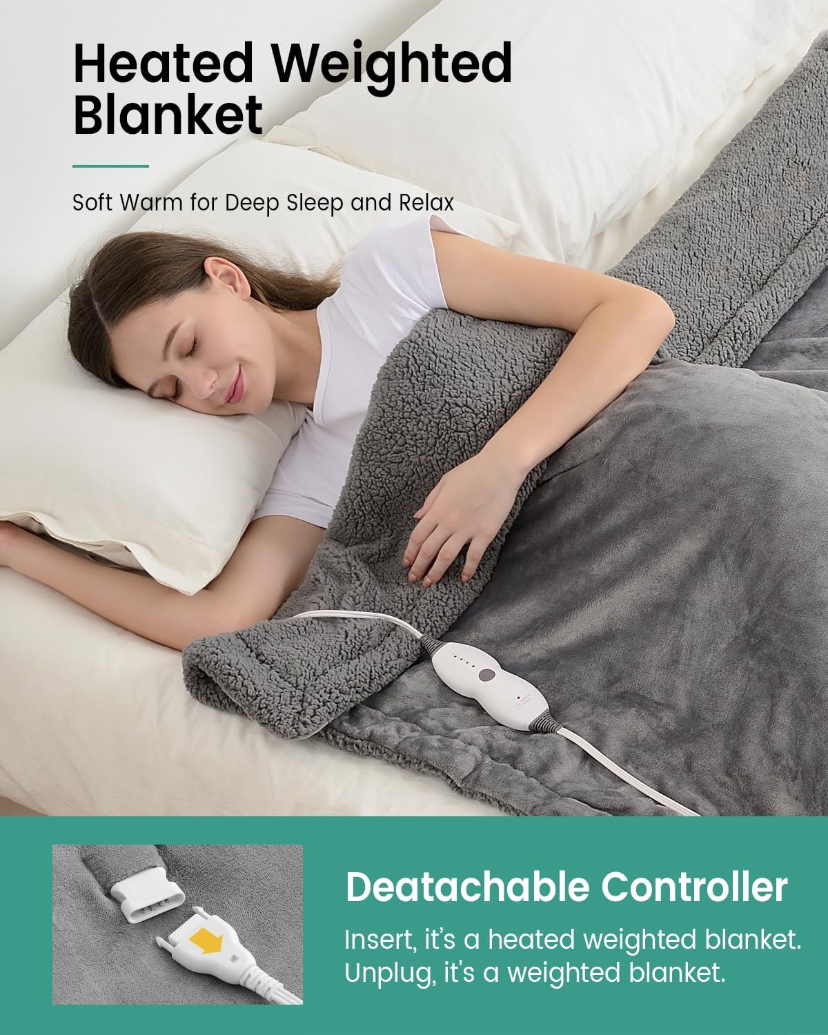 immtree Heated Weighted Blanket, 2 in 1 Weighted Heated Blanket 12lbs Twin Size for Adults, Soft Cozy Sherpa Fleece Weighted Blankets with 4 Heating Levels, 2 Hours Auto-Off, 48"x72", Gray
