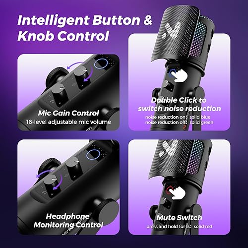 Miniatura 5 de NearStream Micrófono RGB para juegos para PC con cancelación de ruidomonitorsilenciogananciafiltro pop extraíble, micrófono de condensador USB con