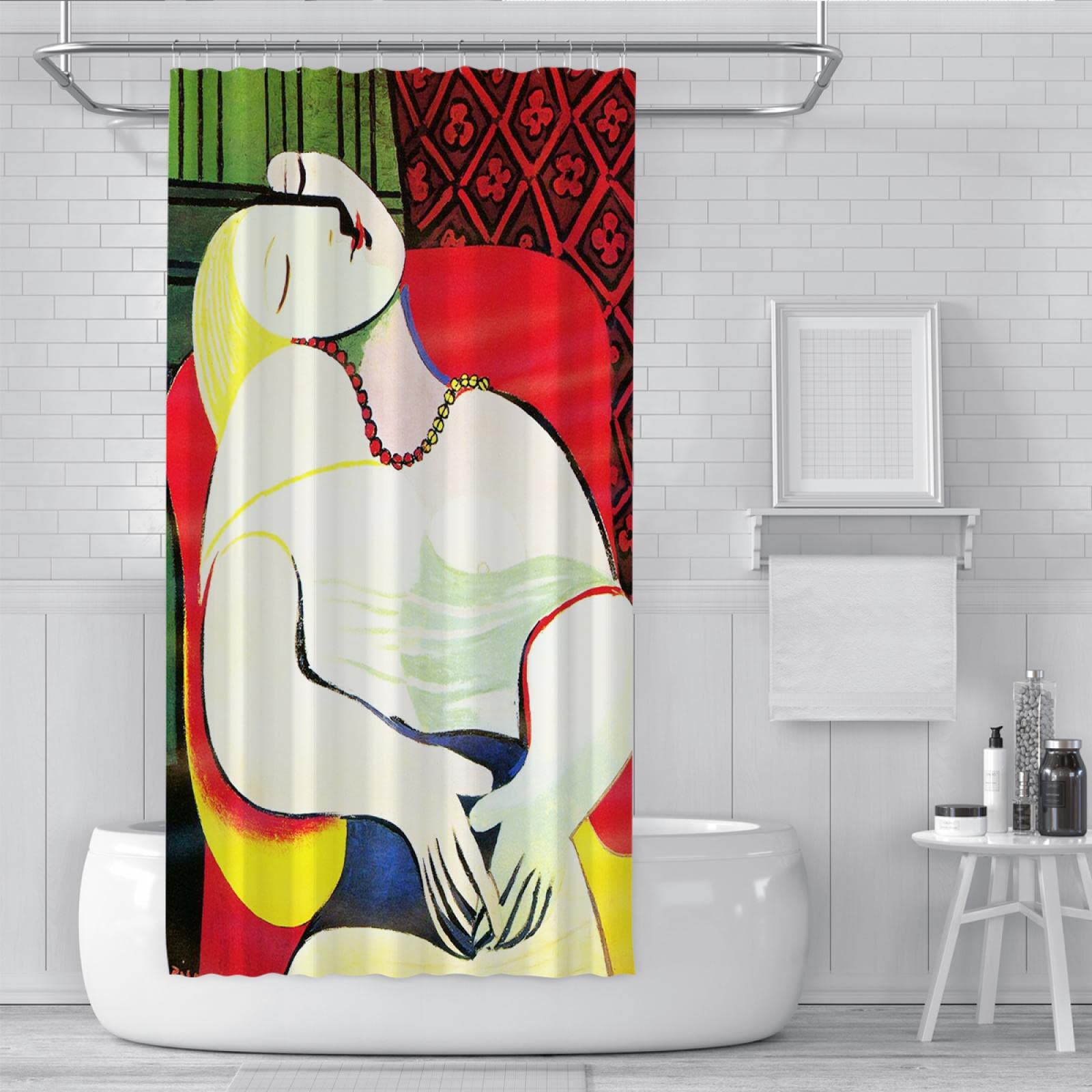 Femme Rideau de Douche Picasso Élégant Abstrait Coloré Rideaux de Salle de Bains Polyester Tissu Easy Care Rideau de Douche Set avec Crochets 180x240 cm