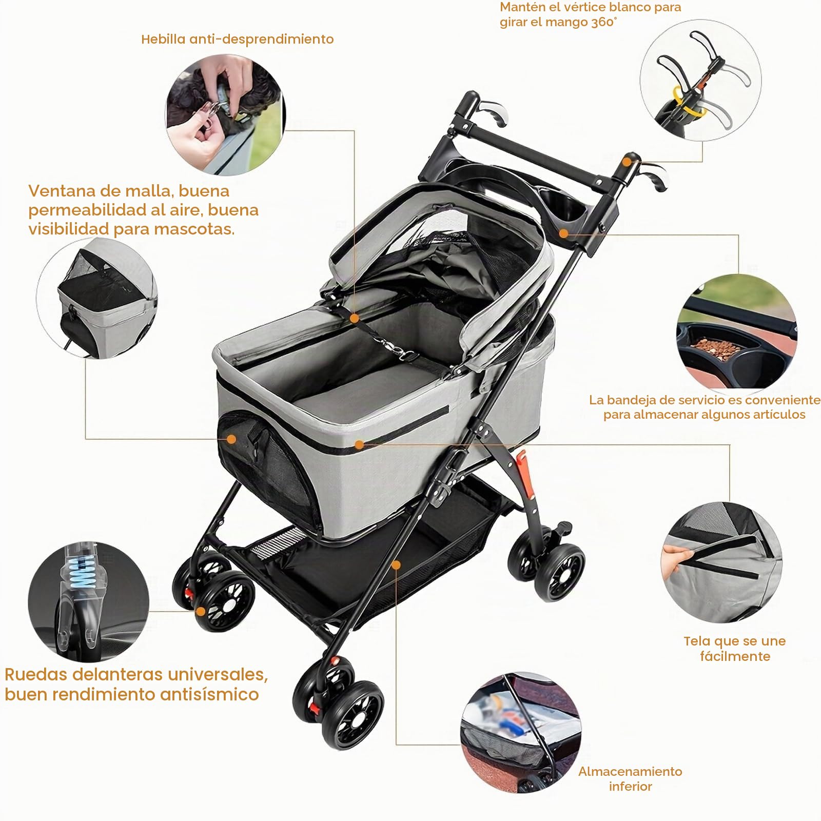 Cochecito para perros 2 en 1 plegable hasta 20 kg, carrito para gatos, carrito plegable con caja de transporte extraíble, carrito para gatos pequeños y gatos, ventana de red, cesta de almacenamiento