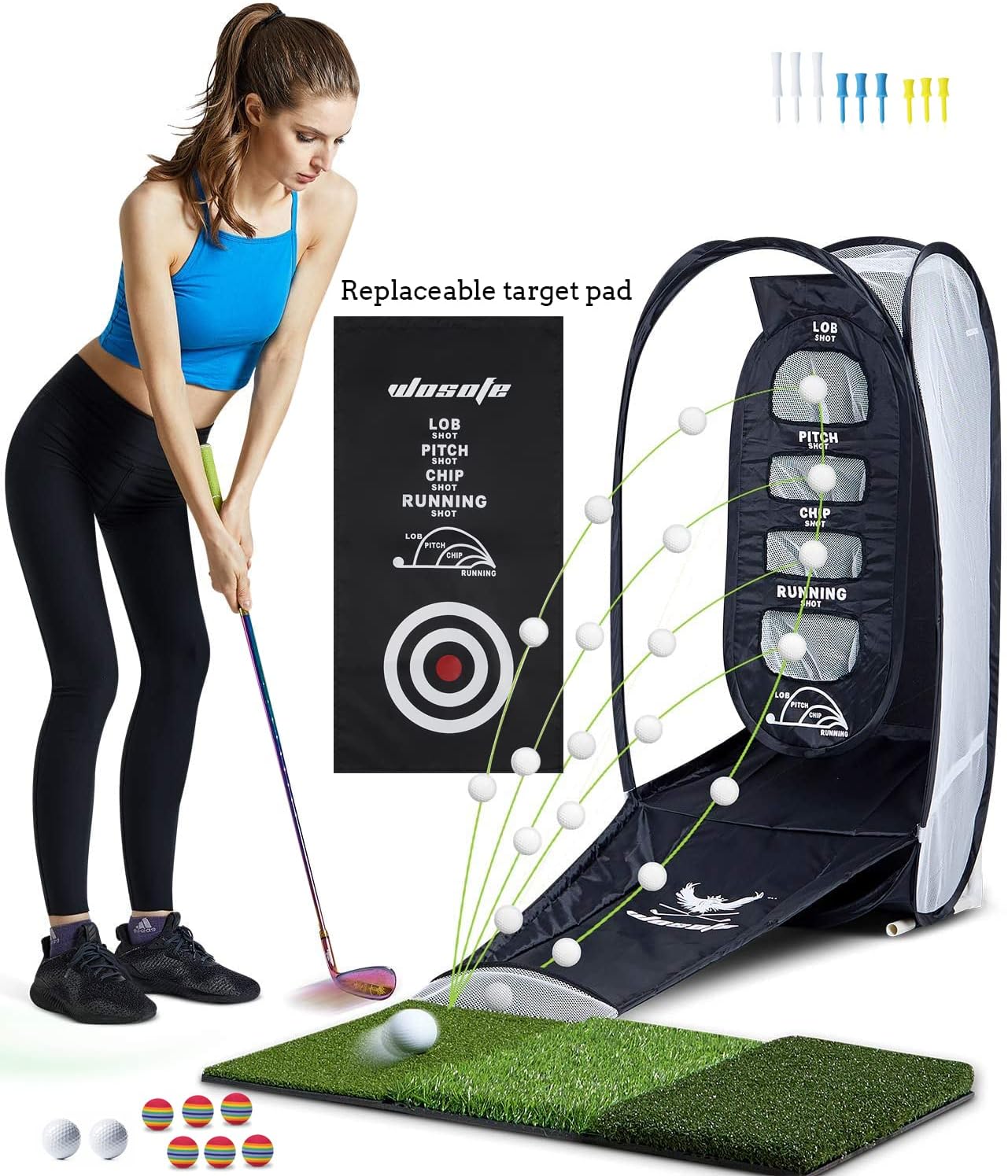 wosofe Golf Practice Hitting Net Indoor Backyard Home Chipping 2 Target Ball Swing Training Aids Golfing Accuracy with Tri-Turf Mat and Carry Bag Great Gifts for Dad Mom Husband Women Kid Golfers