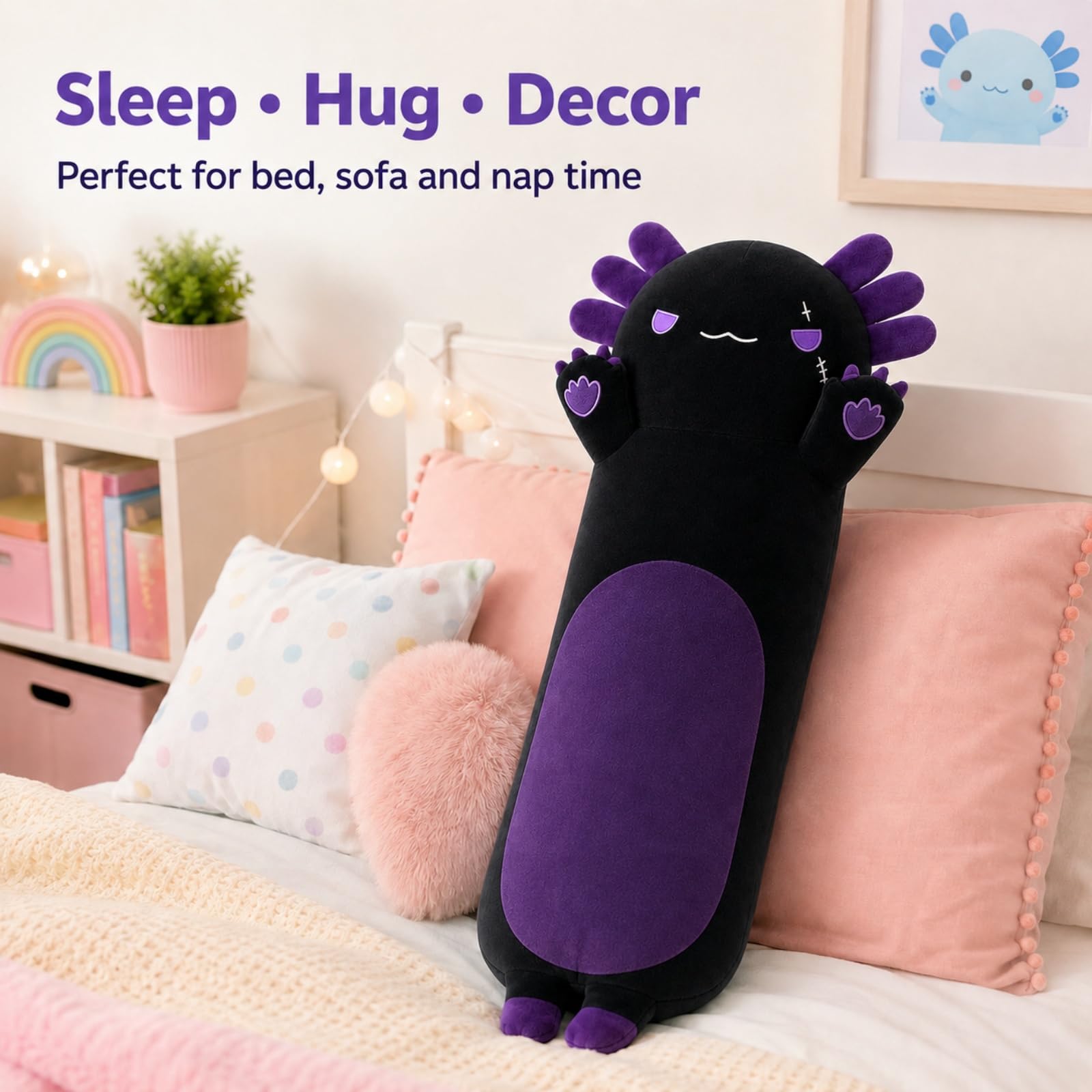 SNOWOLF imbottito Axolotl lungo cuscino peluche giocattolo animale morbido Kawaii Stuff coccoloso giocattolo adorabile cuscino abbraccio per i bambini (110cm, viola)