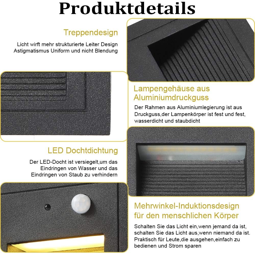 Oświetlenie schodów LED, 4 sztuki, do wbudowania w ścianę, aluminium, 3 W, 230 V, ciepła biel, oświetlenie schodów, oświetlenie zewnętrzne z czujnikiem ruchu, lampa ścienna, oświetlenie