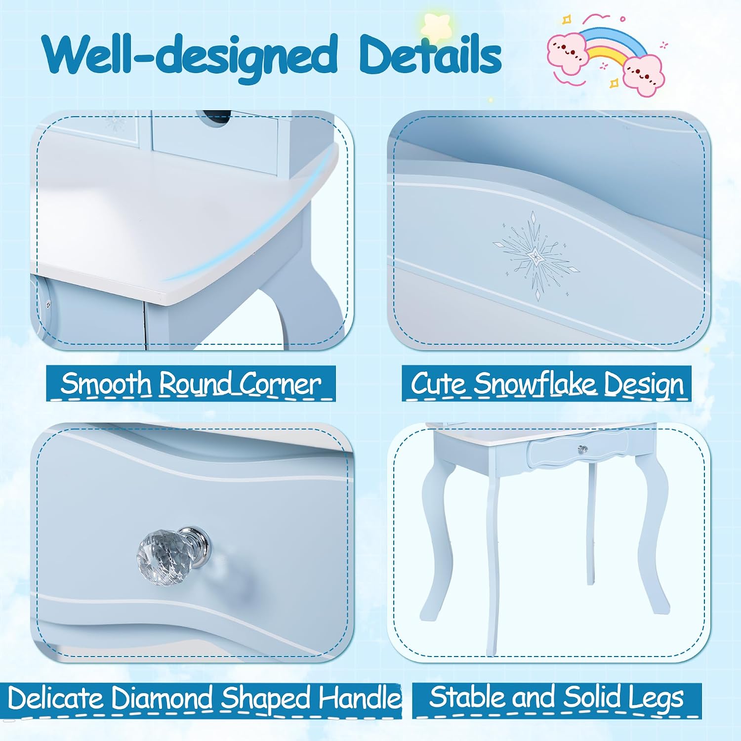 Kids Vanity with Lights, Wooden Princess Makeup Vanity Desk and Stool with Tri-fold Mirror, 2-in-1 Pretend Play Dressing Table w/Drawer, Children Beauty Vanity Set for Little Girls 3+, Blue