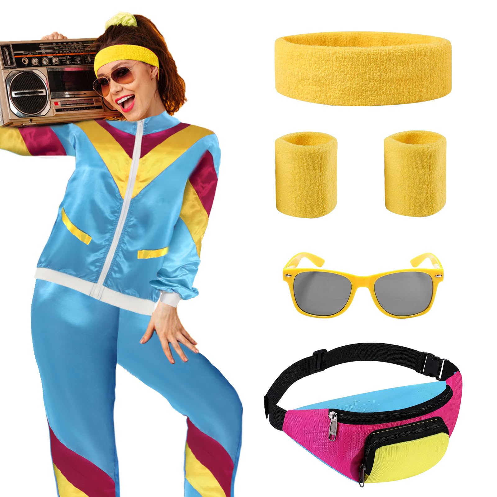 Exojoy 80s Shell Suit Costume for Men Women, 1980s 90s Fancy Dress Set with Retro Tracksuit Headband Wristbands Neon Bumbag Glasses for Adult Carnival Party