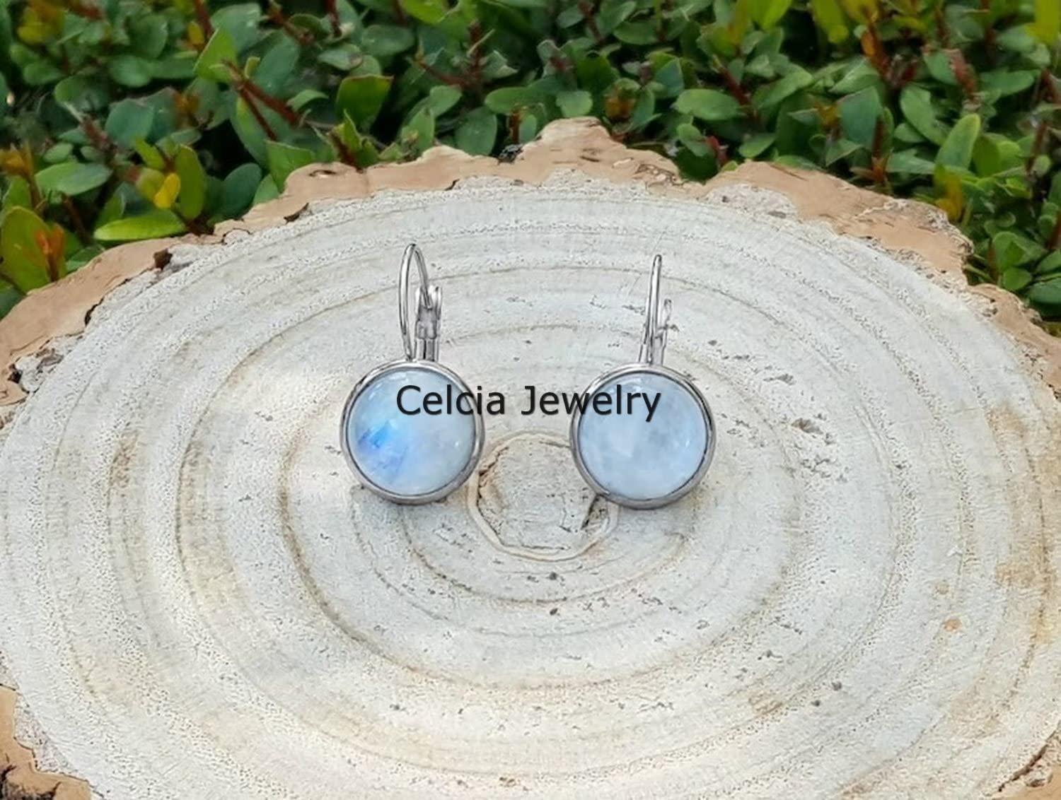 Pendientes de palanca de plata de ley 925 maciza para mujer, piedra lunar arcoíris natural Piedra preciosa redonda Increíble hecho a mano Regalos de piedra natal de junio