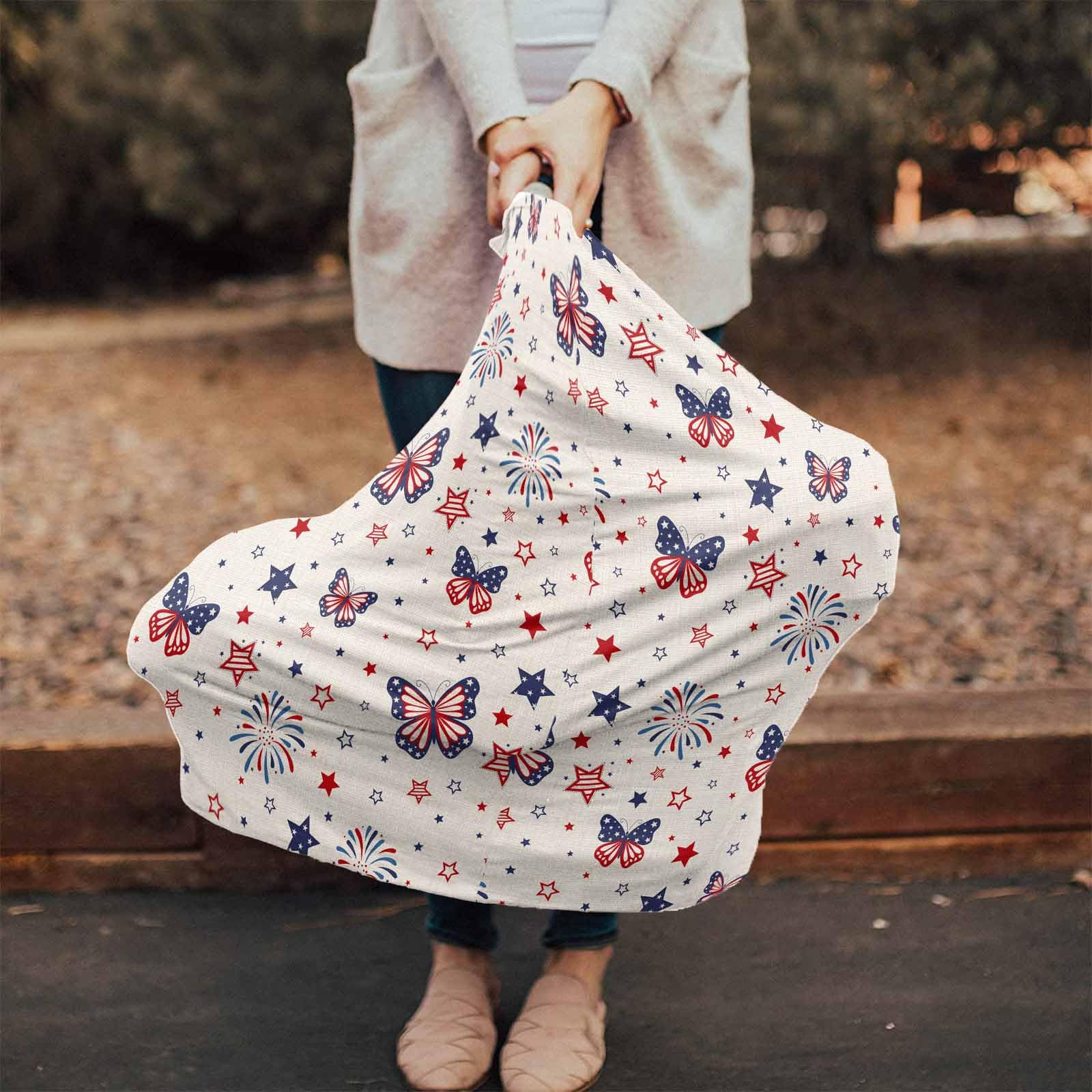 Nursing Cover for Breastfeeding Scarf, American Flag Butterfly Red Blue Stars Fireworks Retro Baby Car Covers Super Soft Multi Use for Canopy Shopping Cart Cover Blanket Stroller Cover