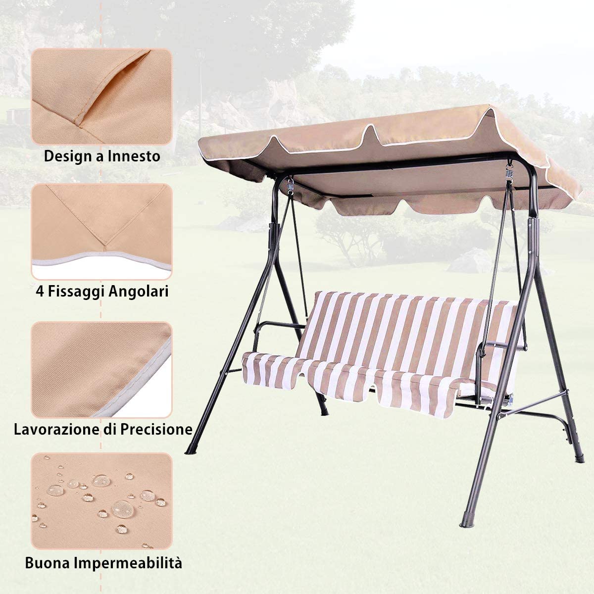 GYMAX Tettuccio per Dondolo 2/3 Posti, Tetto di Ricambio Anti-UV e Impermeabile (190 x 132 cm, BEIGE)